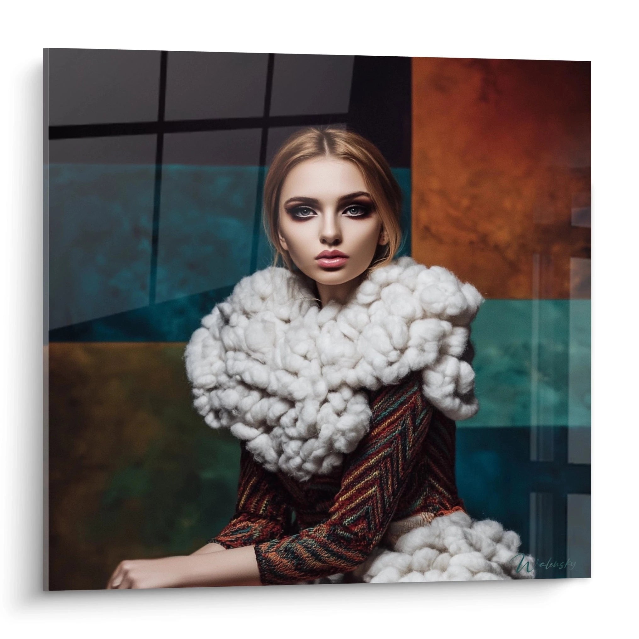 Tableau mural haute couture représentant une femme avec un manteau en laine et un fond artistique