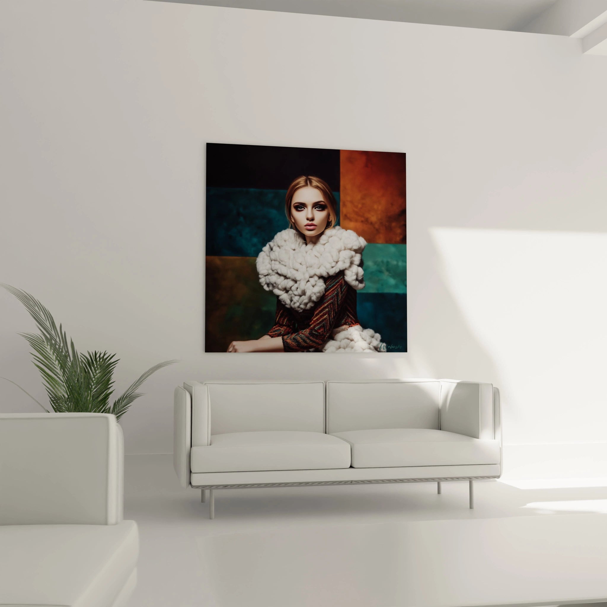 Tableau mural haute couture de Walensky représentant une femme avec un manteau élégant sur fond coloré