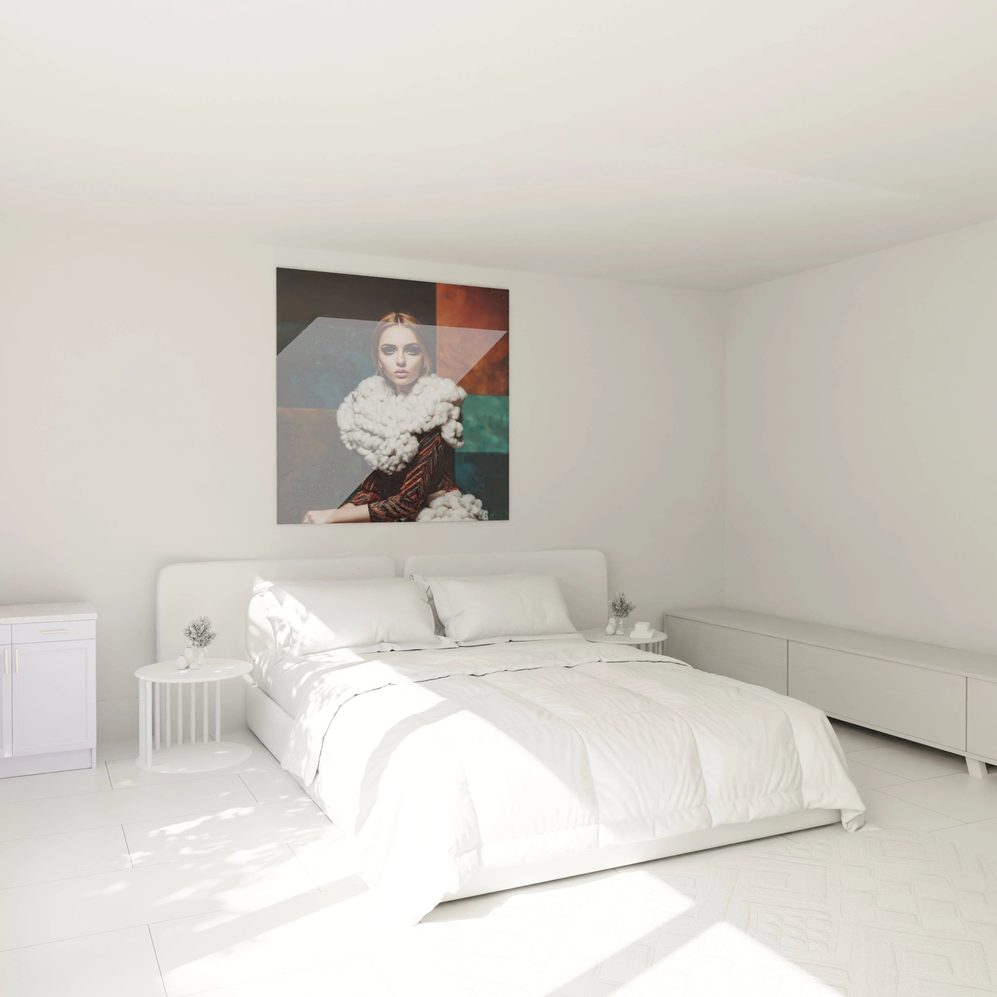 Tableau mural haute couture représentant une femme élégante dans une chambre lumineuse