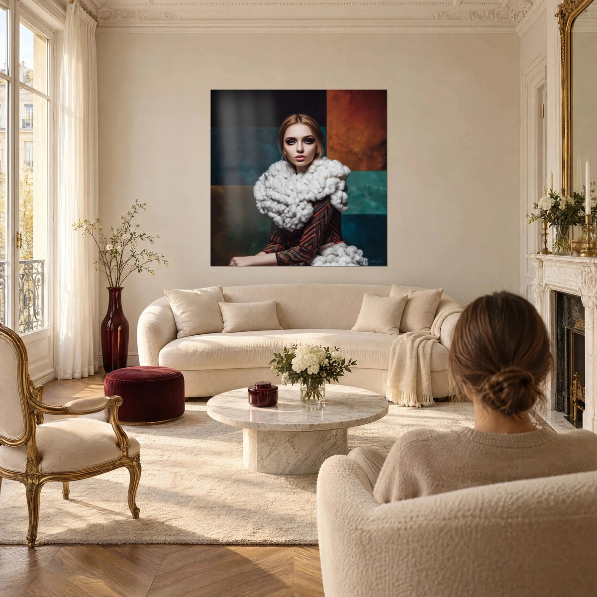 Tableau portrait haute couture, regard bleu fumé et col de laine ivoire sur fond bleu canard et rouille, au-dessus d'un canapé dans un salon lumineux