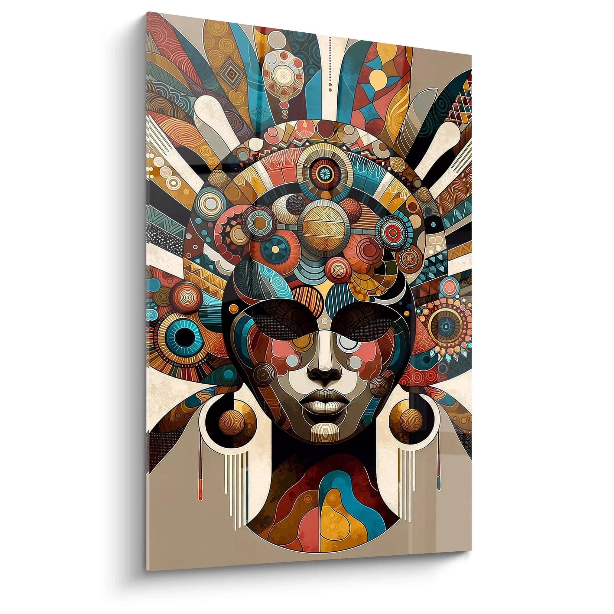 Le tableau africain vu de biais, avec ses formes géométriques et ses motifs circulaires. Les teintes marron, orange et bleu profond s’entrelacent pour capturer l’essence de la culture africaine.