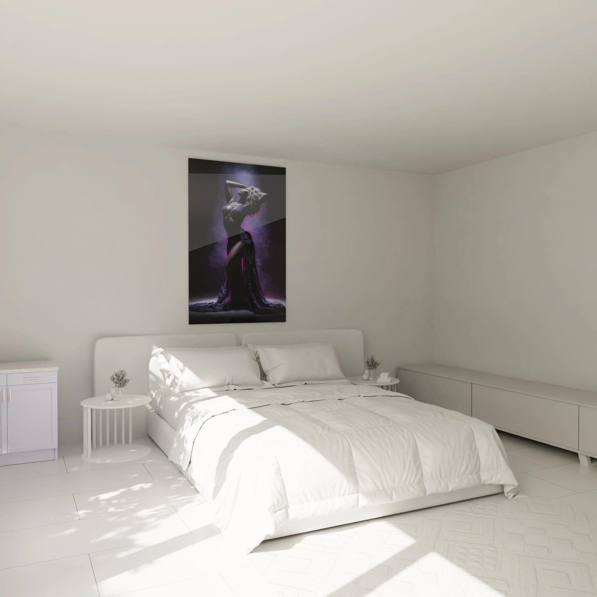 Tableau art mural femme élégante dans une chambre lumineuse avec lit moderne