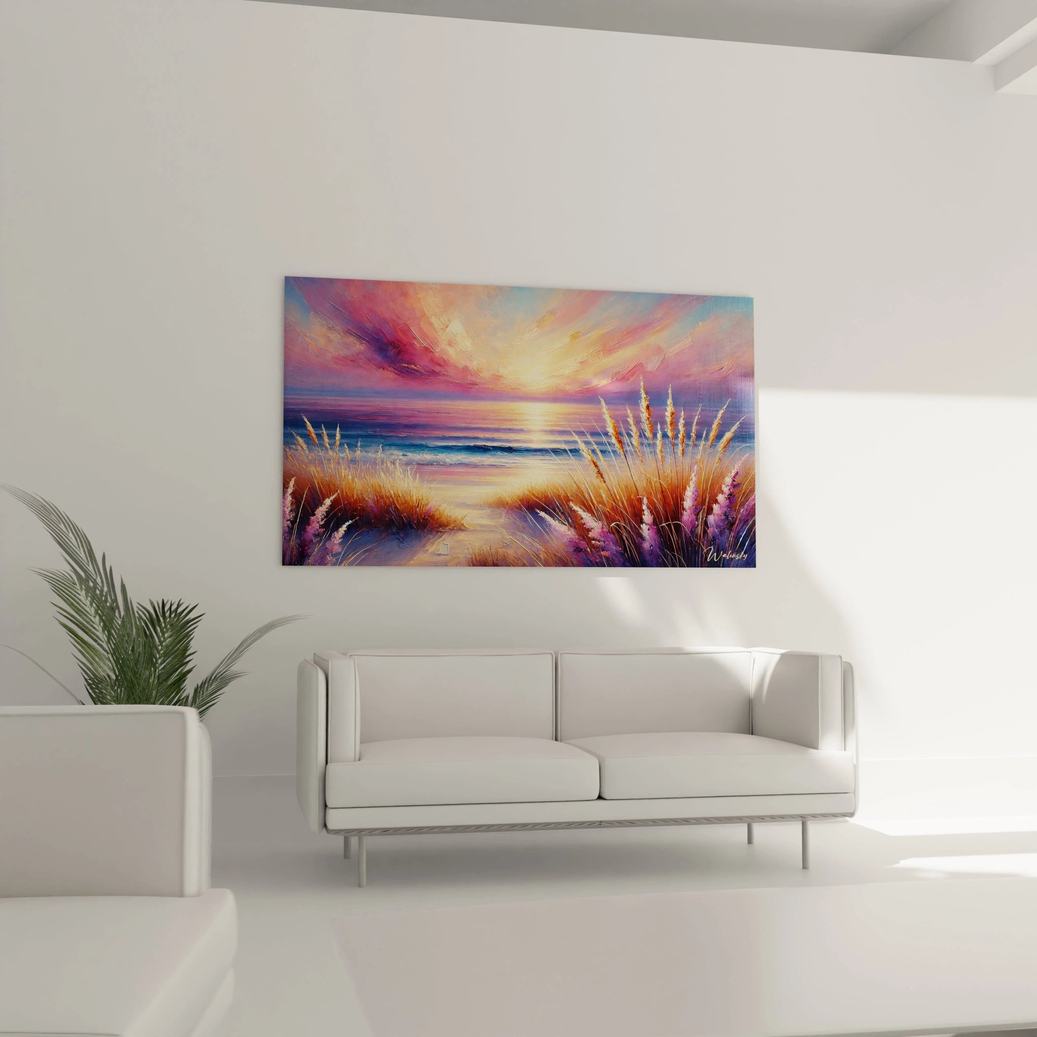 Apportez une touche artistique à votre salon avec ce tableau Mer, suspendu au-dessus du canapé. Ses teintes vibrantes évoquent la beauté tranquille de la nature.