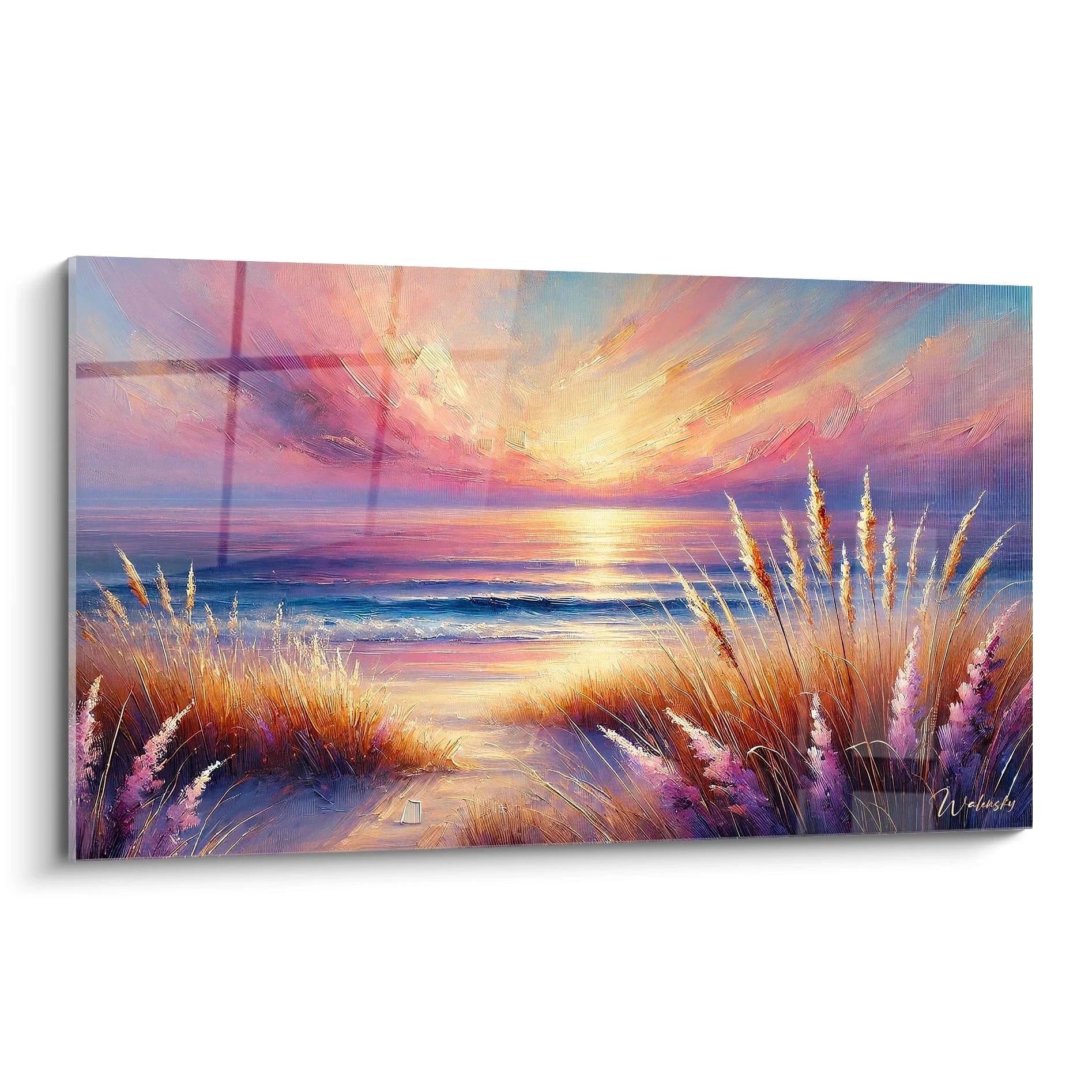 Découvrez ce tableau Mer captivant, vu de biais, révélant des couleurs chaudes qui évoquent un coucher de soleil vibrant et poétique. Une œuvre qui invite à la sérénité.
