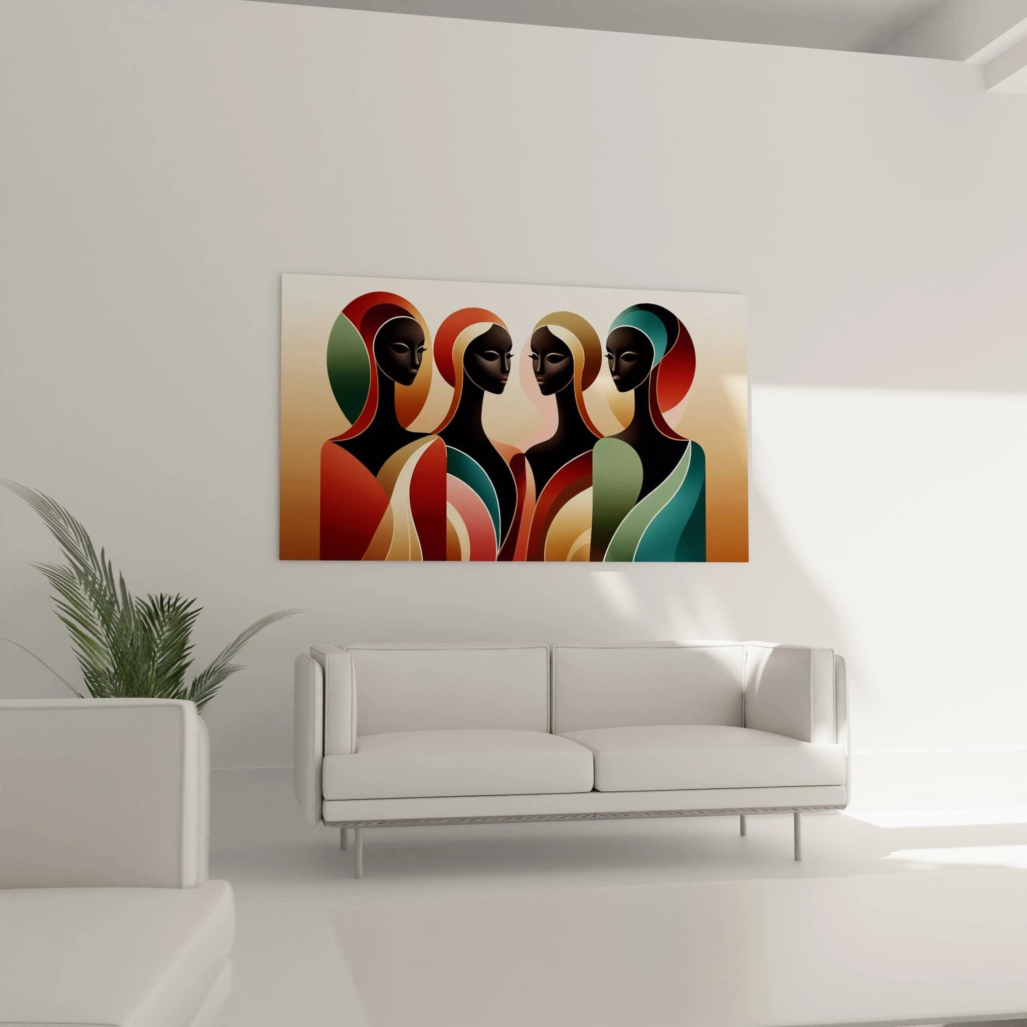 Dans le salon, au-dessus du canapé, ce tableau africain capte l’attention avec ses formes minimalistes et ses couleurs vibrantes. L'harmonie des arcs met en valeur la dignité des femmes africaines.
