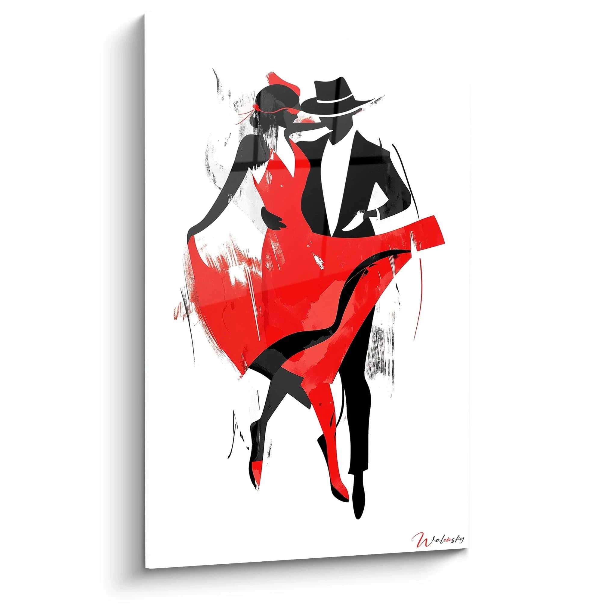 Un tableau danseuse abstrait montrant deux silhouettes stylisées en mouvement, dominées par du rouge vif, du noir et du blanc, avec des textures fluides et des formes dynamiques.
