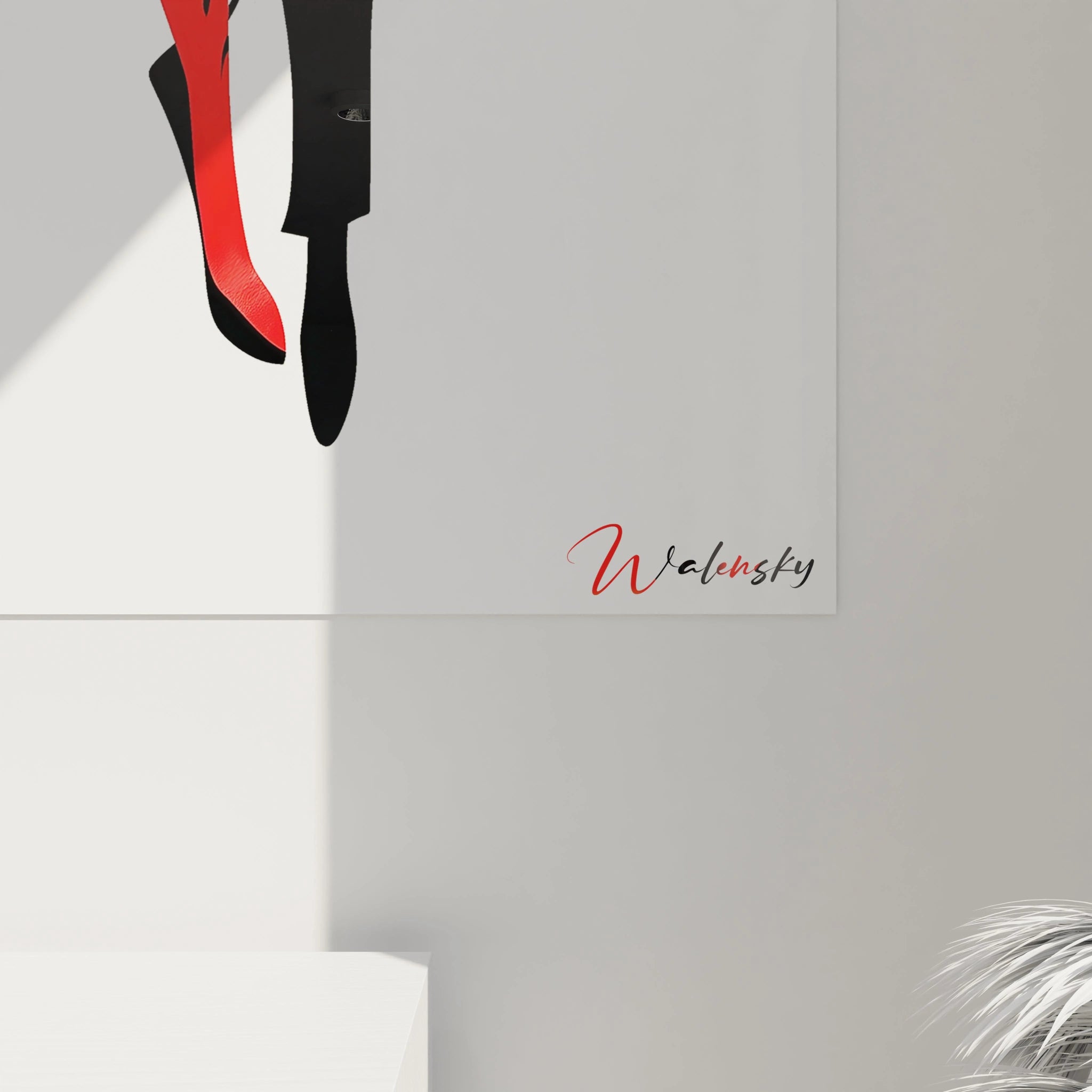 Un tableau danseuse abstrait mettant en scène deux personnages dansants, avec des couleurs dominantes rouge, noir et blanc, et des touches abstraites sur un fond épuré.