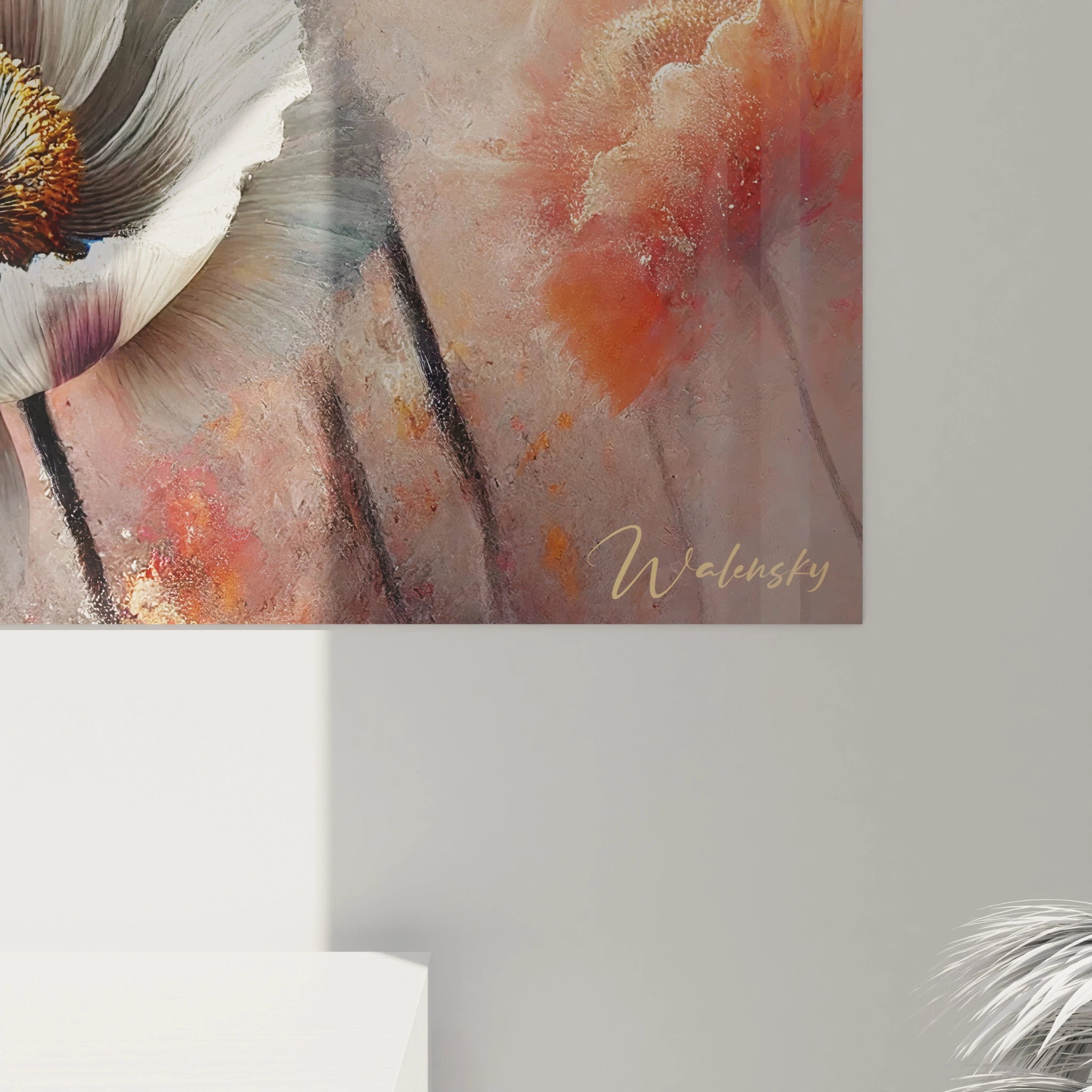 Vue de pres du Tableau Fleur revelant les details delicats et la texture nuancee des petales Une representation artistique subtile qui emane une vibe contemporaine