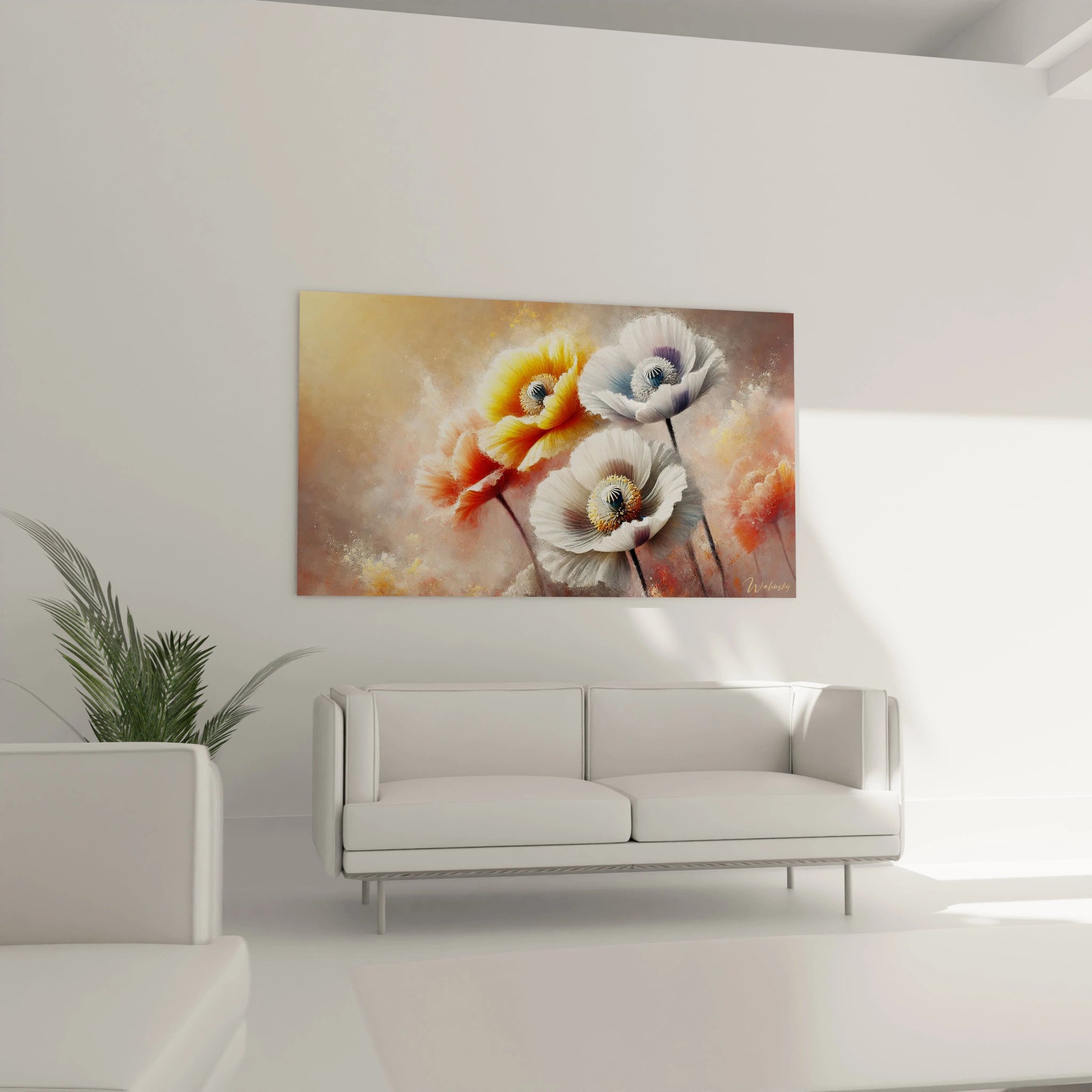 Tableau Fleur accroche dans un salon au dessus du canape ajoute une touche de nature et d elegance Une creation entre reve et realite qui invite a contempler la beaute vegetale