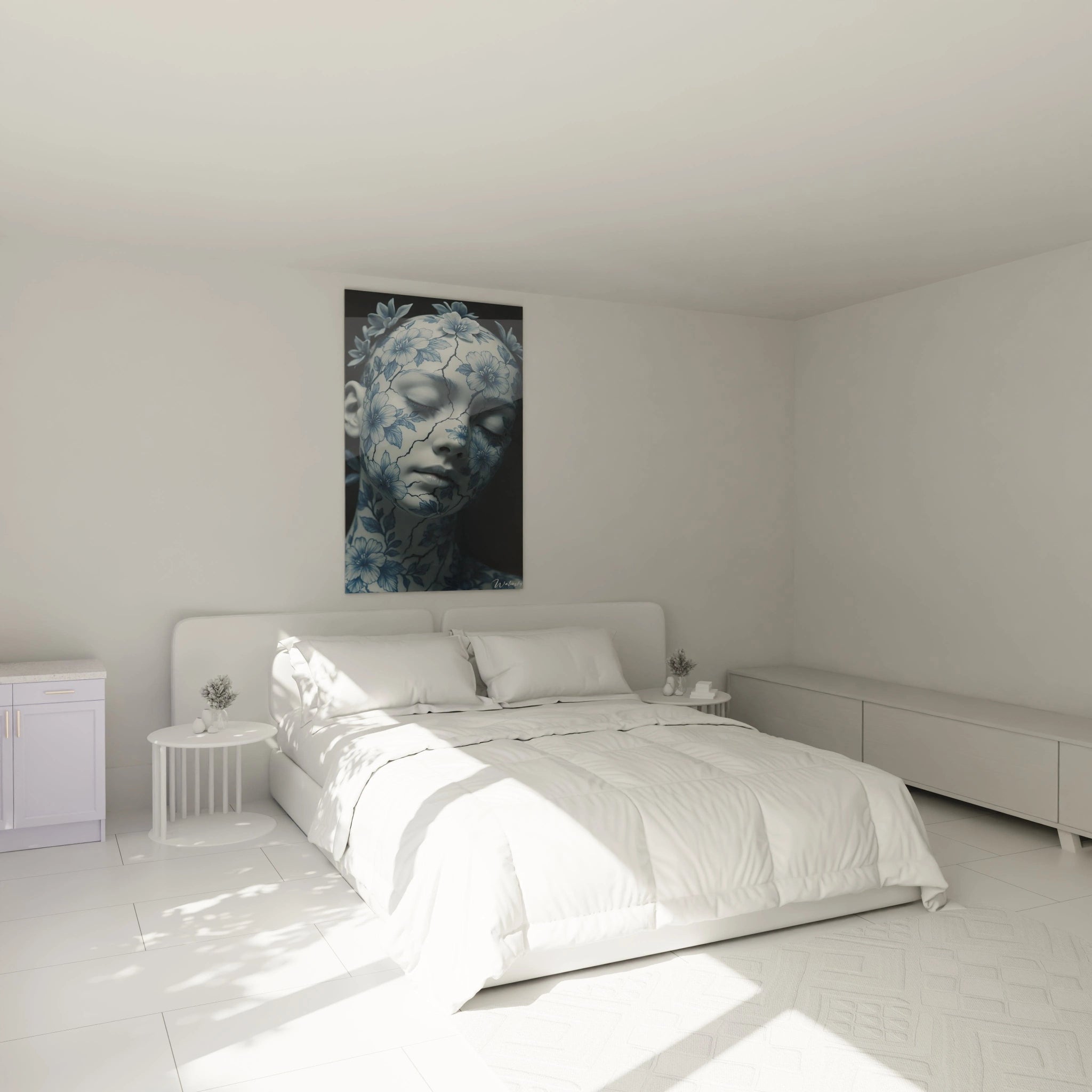 A porcelain wall art featuring a human head decorated like fine ceramic with blue and white floral patterns. The surface displays deliberate crackles crossing the serene face, evoking the fragility of antique porcelain against a deep black background.