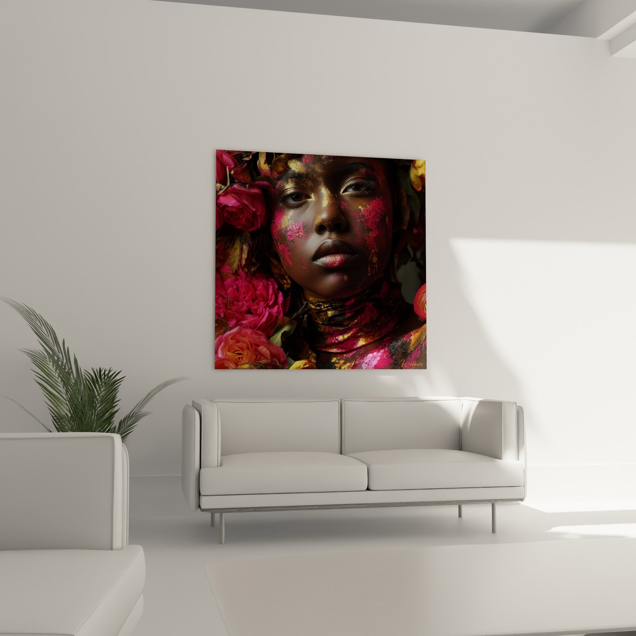 Femme au teint anthracite parée d'or et de roses roses, au-dessus d'un canapé dans un salon lumineux