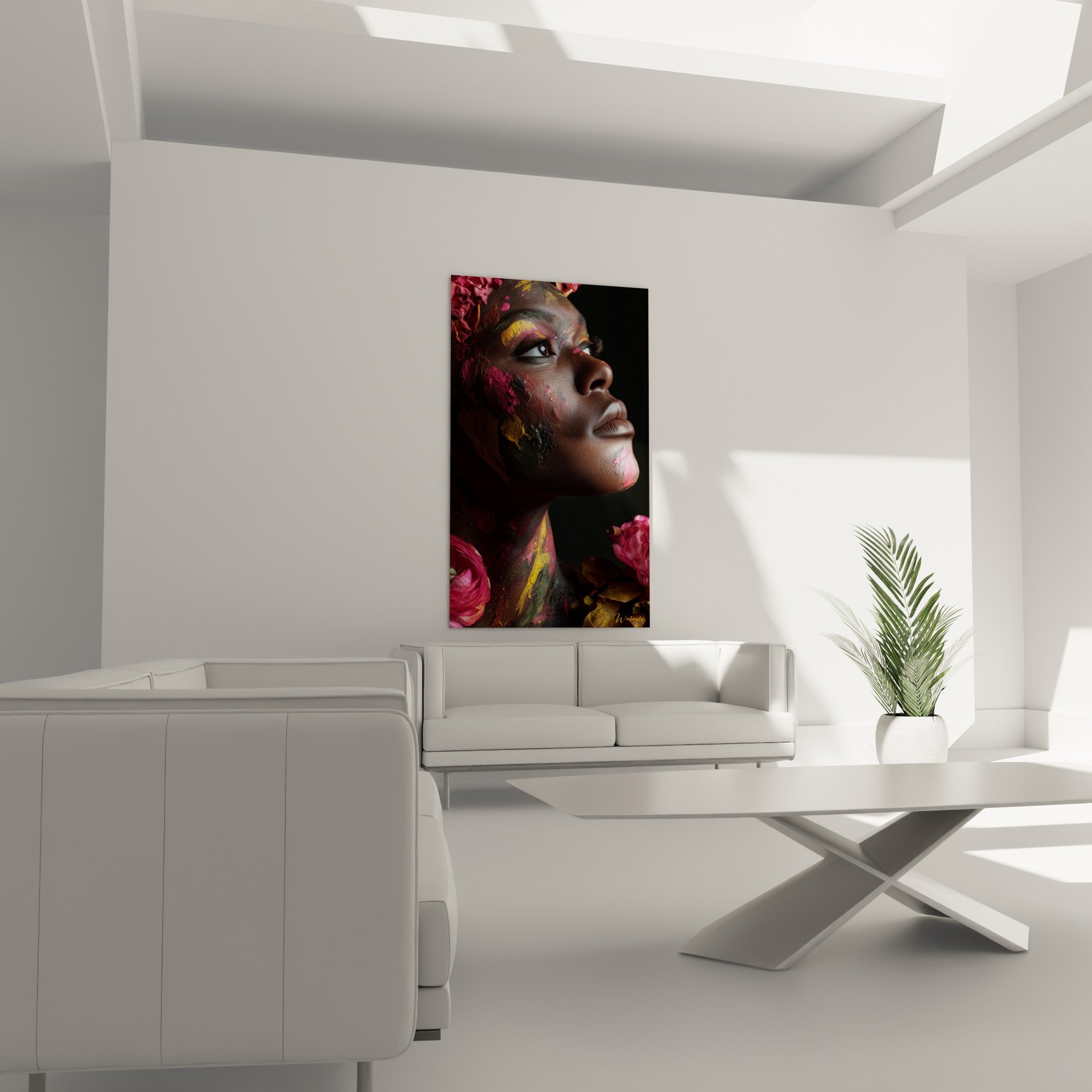 Visage sublimé de touches roses et ocre sur peau sombre, au-dessus d'un canapé dans un salon lumineux