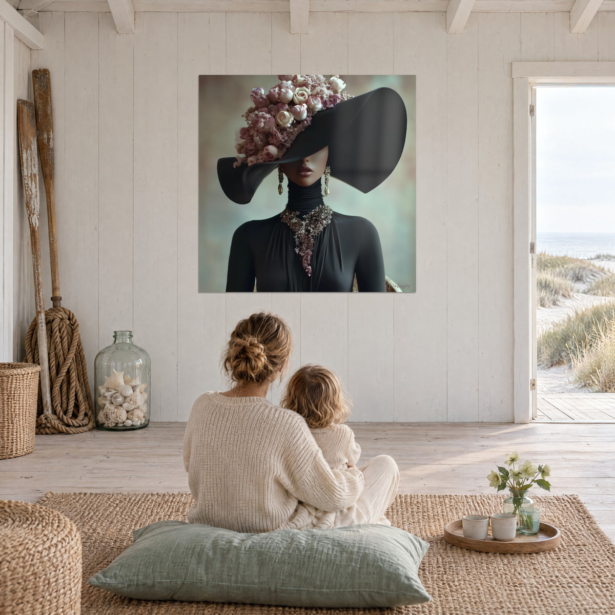 Schilderij raadselachtig model, overmaatse zwarte hoed en poederroze rozen, watergroene achtergrond, aan de muur van een lichtrijk strandhuis