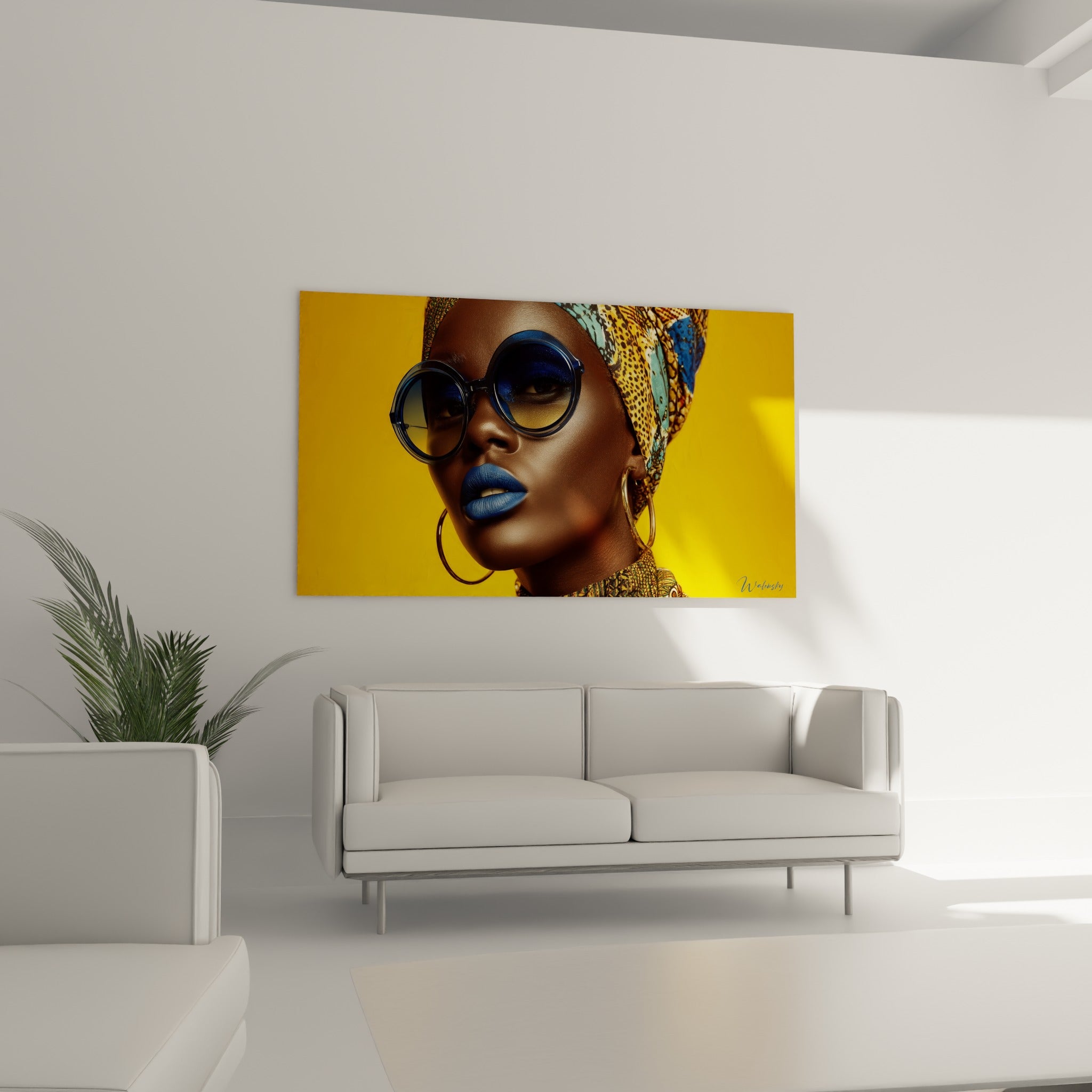 Portrait aux créoles dorées et fond jaune vif au-dessus d'un canapé dans un salon lumineux