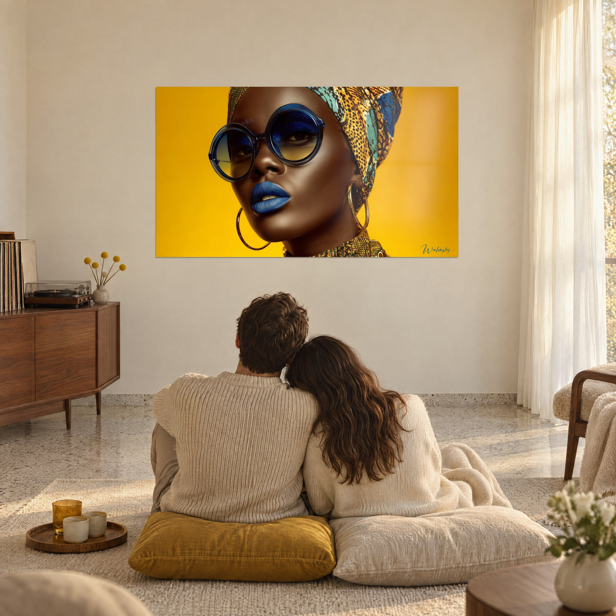 Gemälde stolzes Profil, mattblaue Lippen und goldene Ohrringe auf leuchtend gelbem Hintergrund, bewundert von einem Paar von hinten