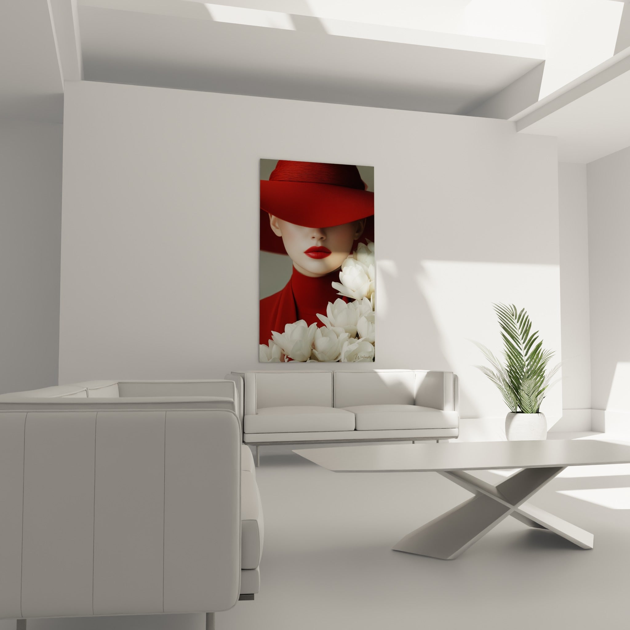 Visage voilé aux lèvres rouges et bouquet blanc, disposé au-dessus d'un canapé dans un salon lumineux