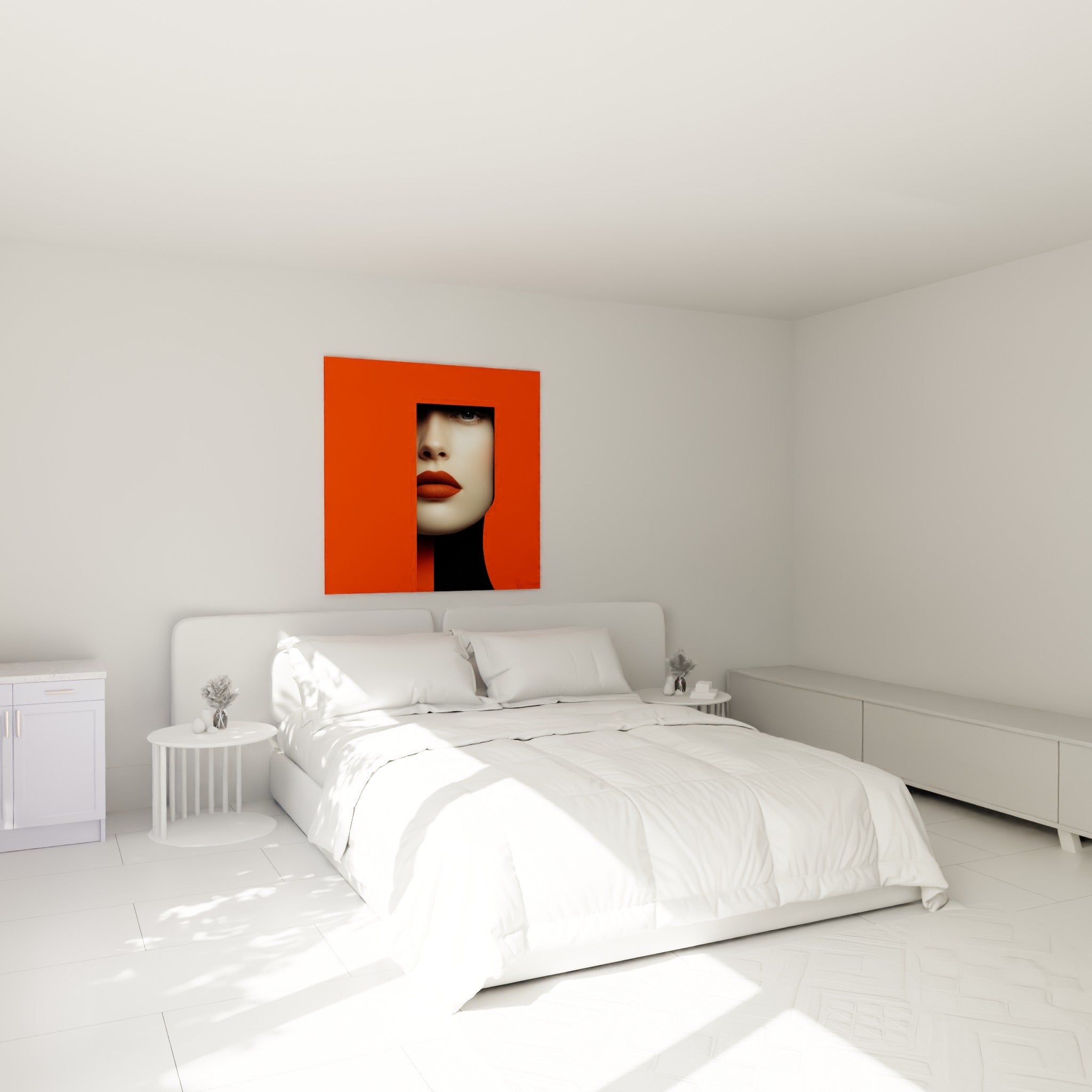 Portrait féminin terracotta et orange accroché au-dessus d'un lit dans une chambre claire