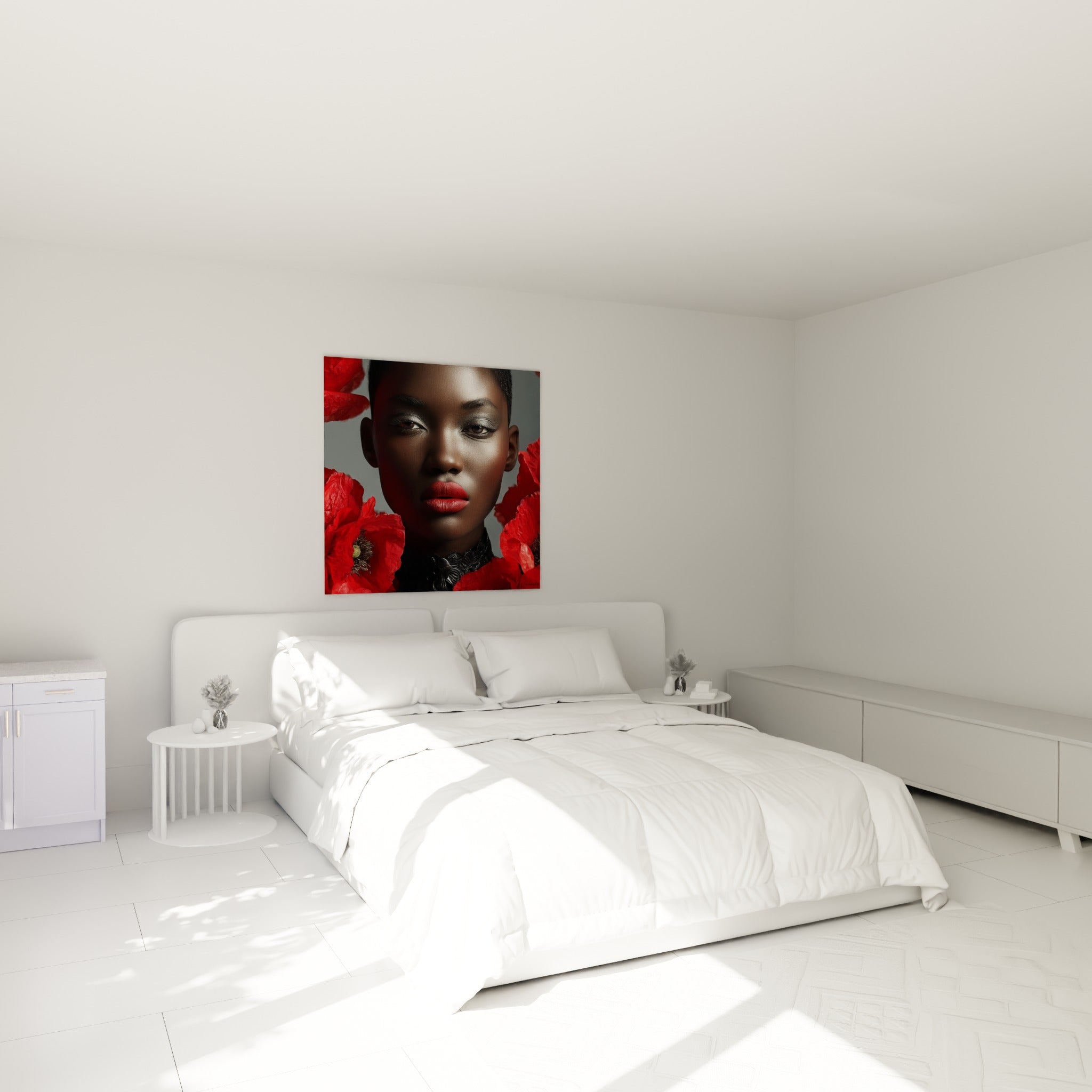 Portrait rouge et noir aux coquelicots éclatants accroché au-dessus d'un lit dans une chambre claire