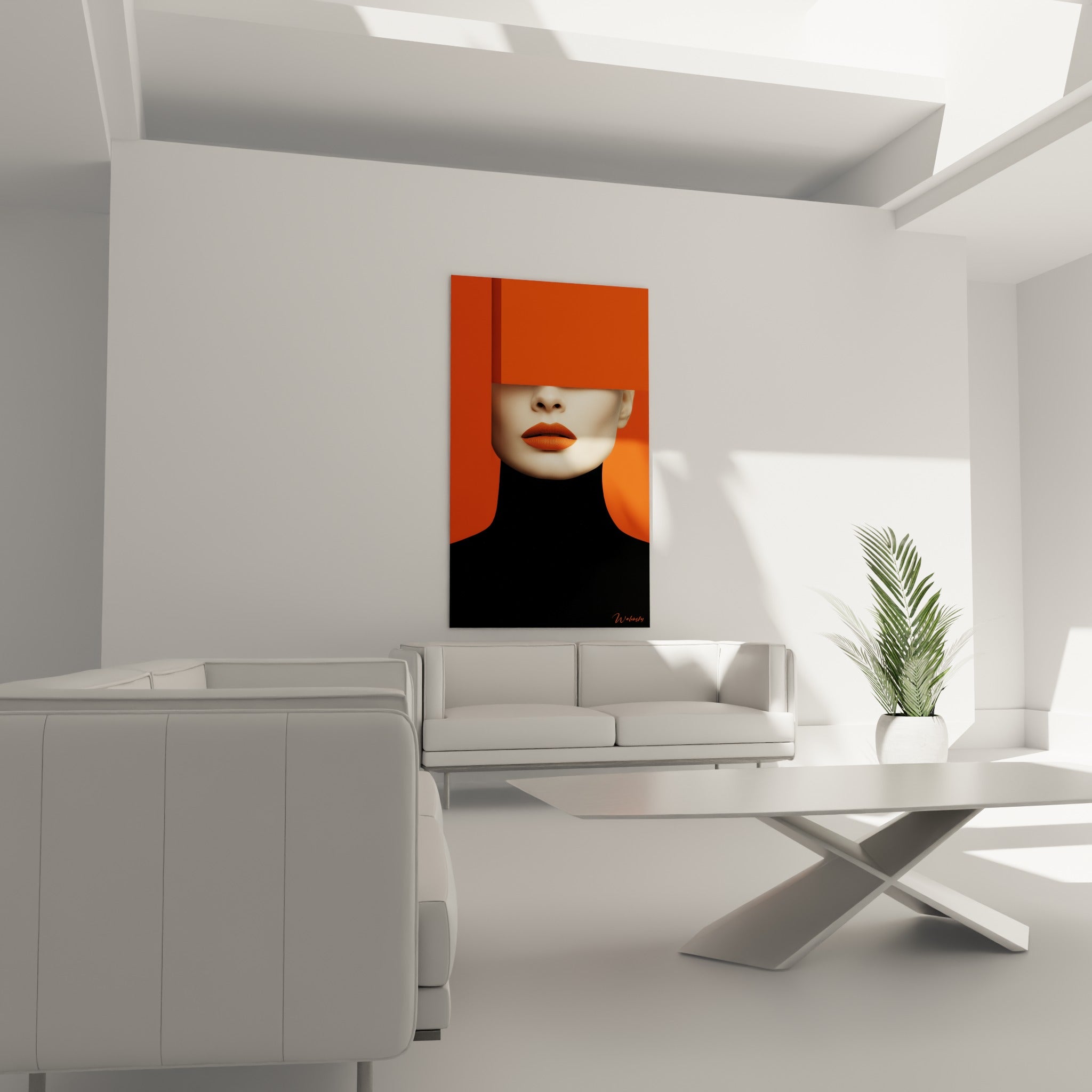 Visage partiel orange et noir surplombe un canapé dans un salon lumineux