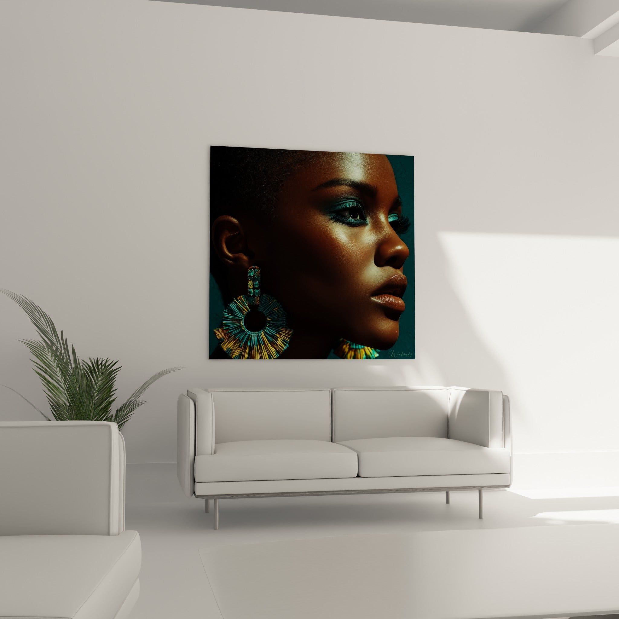 Profil doré et turquoise d'une femme, tableau Beauté féminine au-dessus d'un canapé dans un salon lumineux