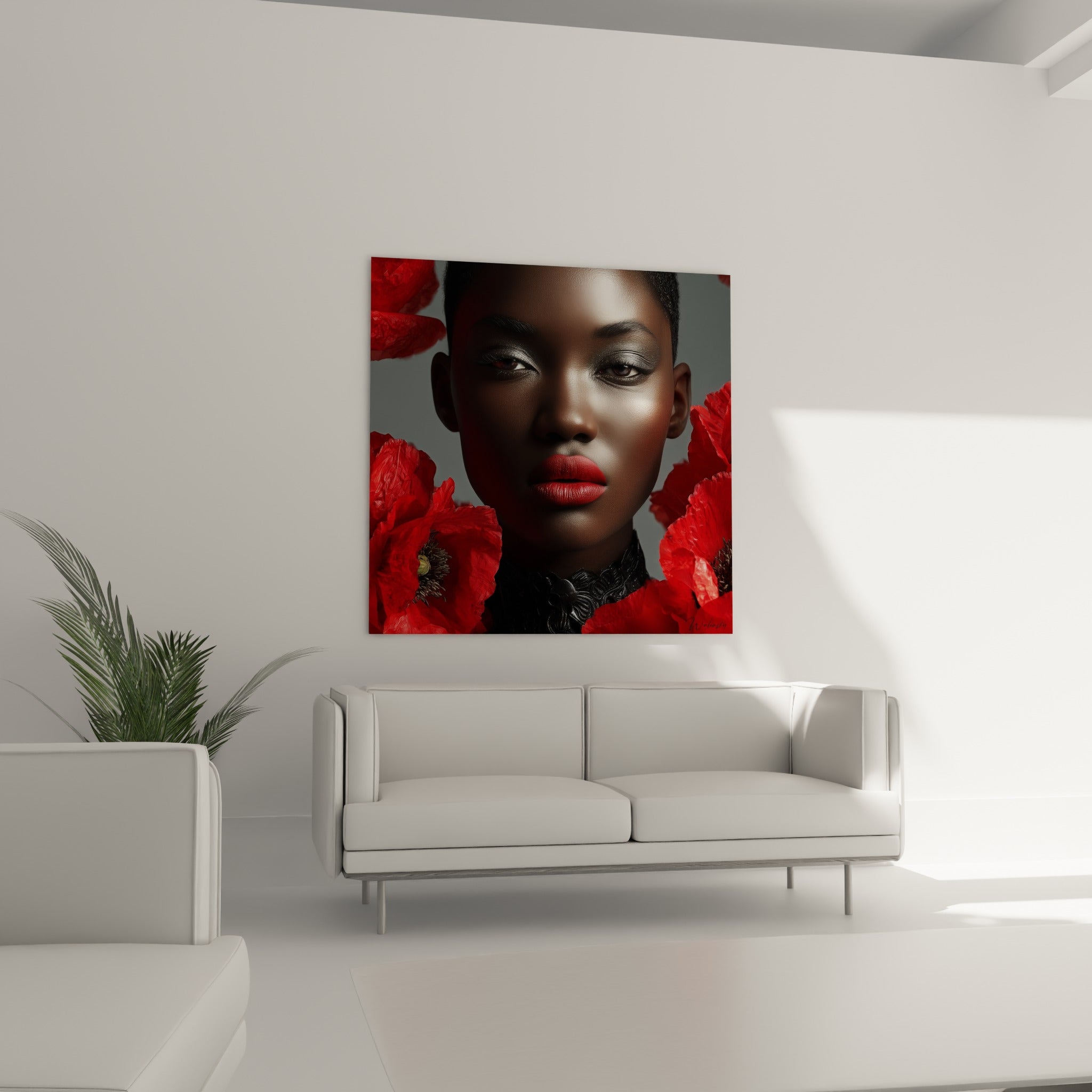 Regard intense et lèvres écarlates entourés de fleurs rouges au-dessus d'un canapé dans un salon lumineux
