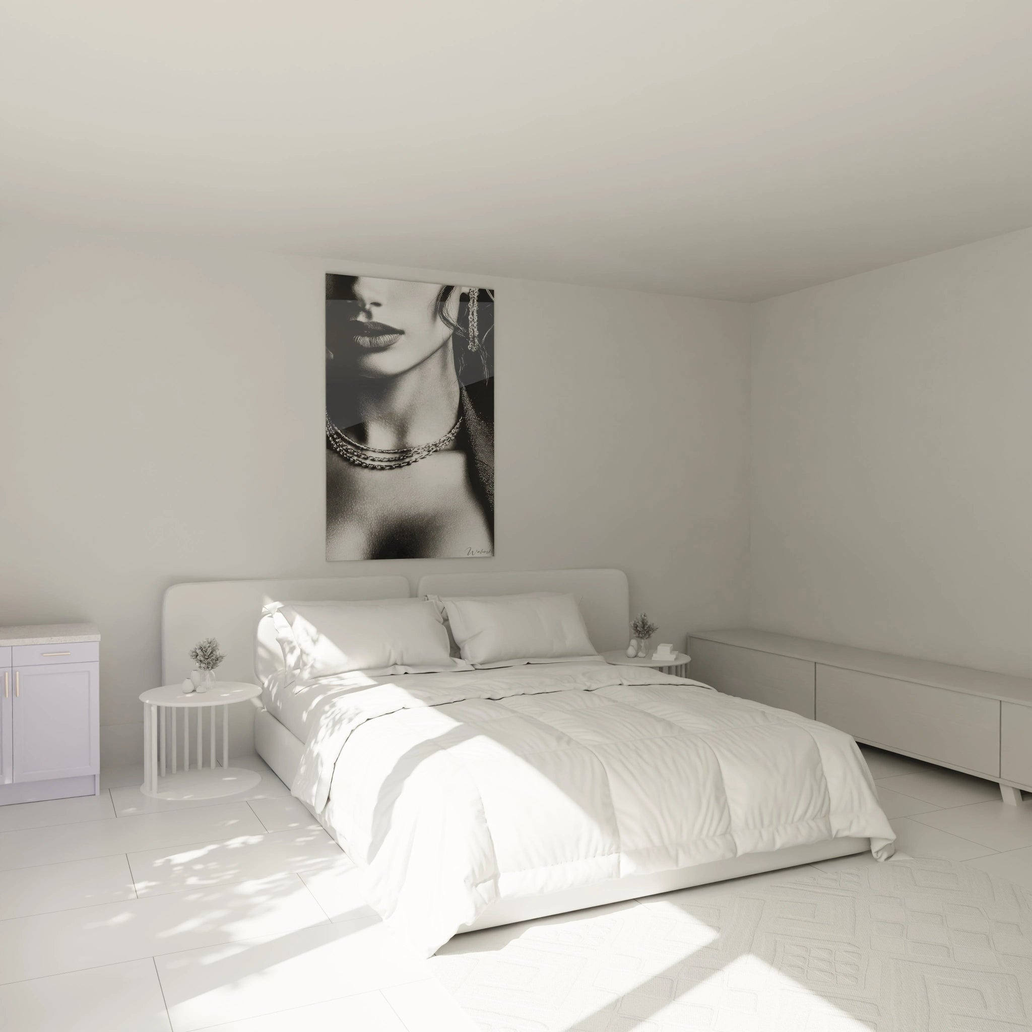Tableau art mural femme élégante en noir et blanc dans une chambre moderne lumineuse