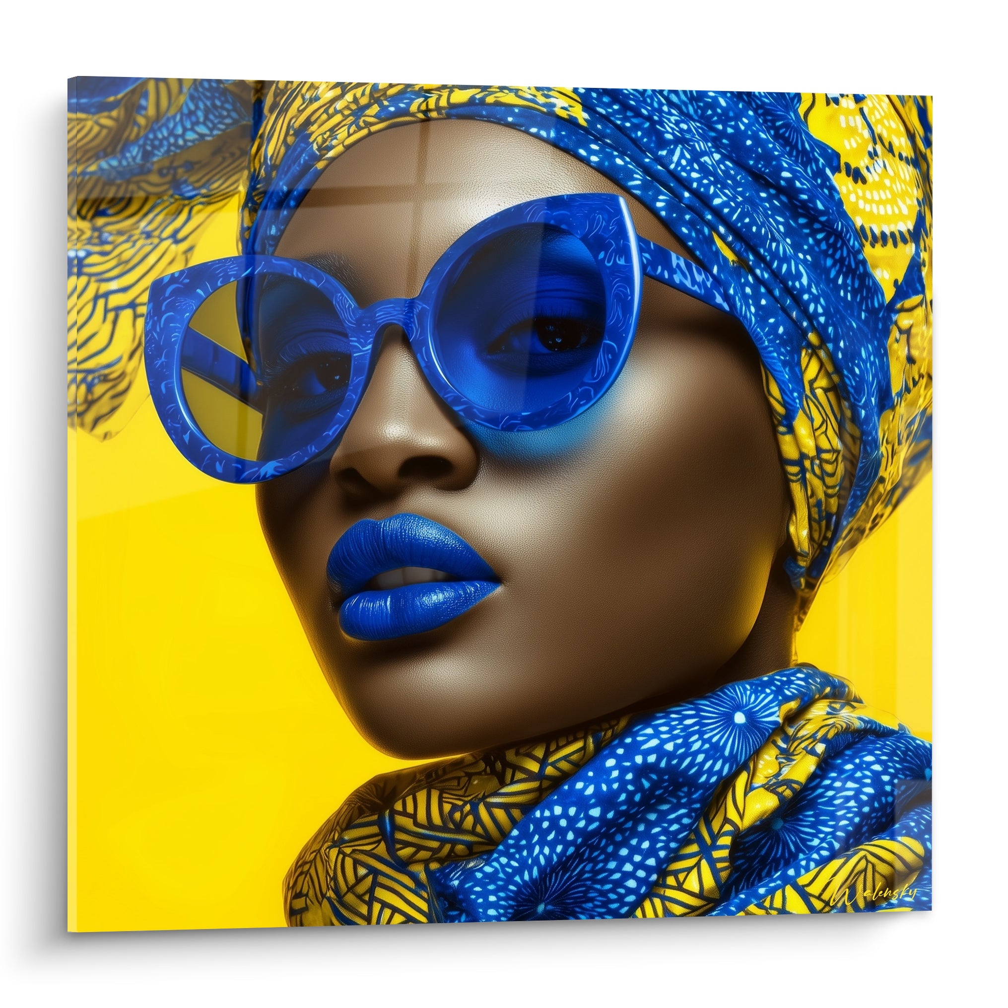 Femme au turban bleu et jaune, lunettes bleu cobalt, lèvres bleues, fond jaune vif