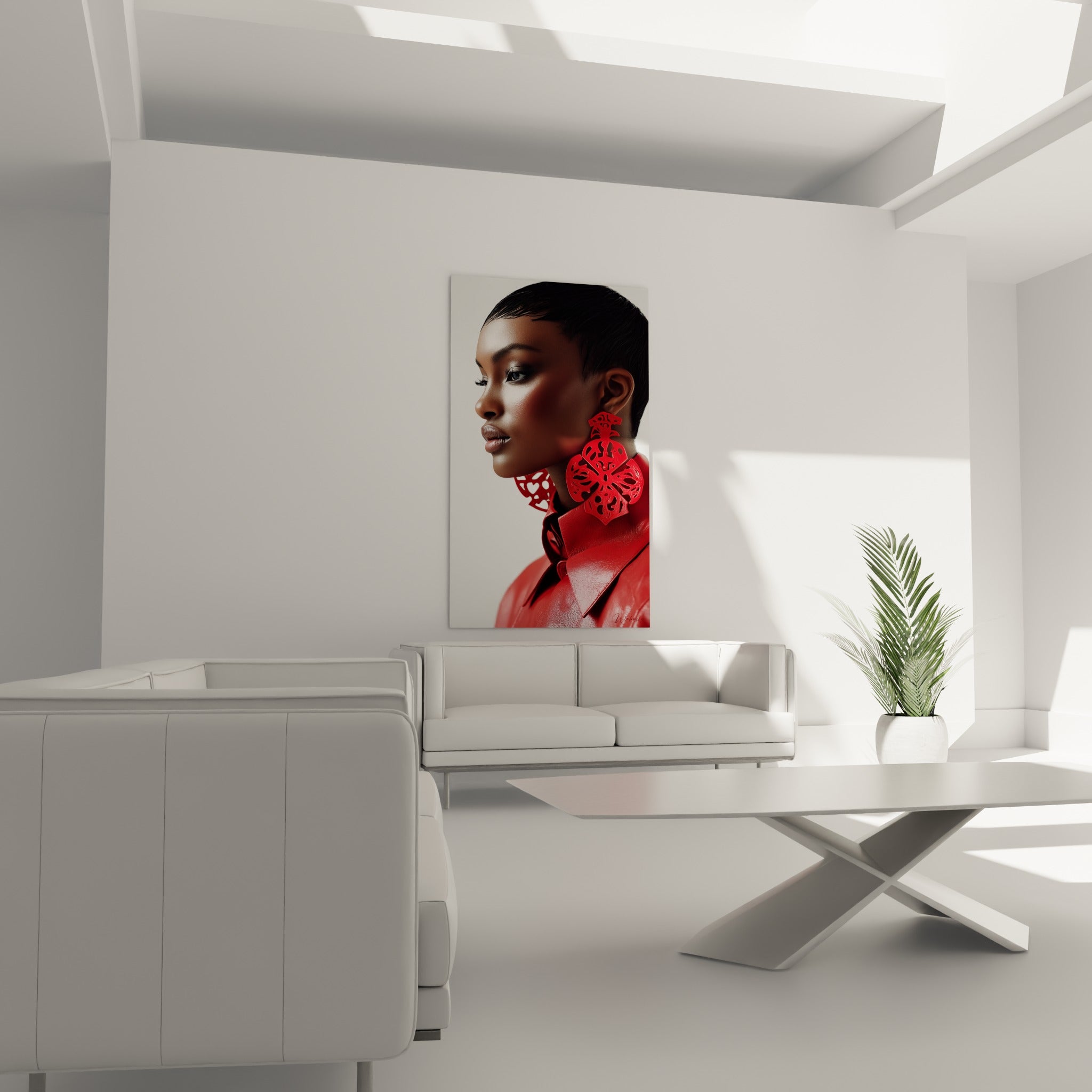 Visage de profil aux tons rouges et bruns chauds, au-dessus d'un canapé dans un salon lumineux
