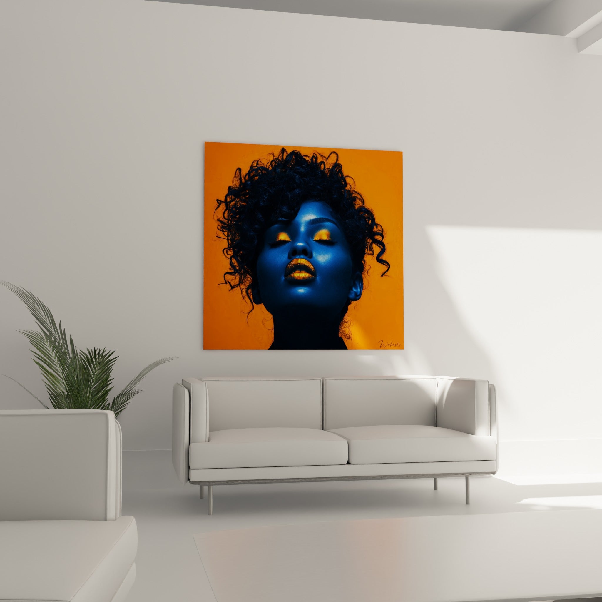 Visage renversé en bleu profond et orange doré, suspendu au-dessus d'un canapé dans un salon lumineux