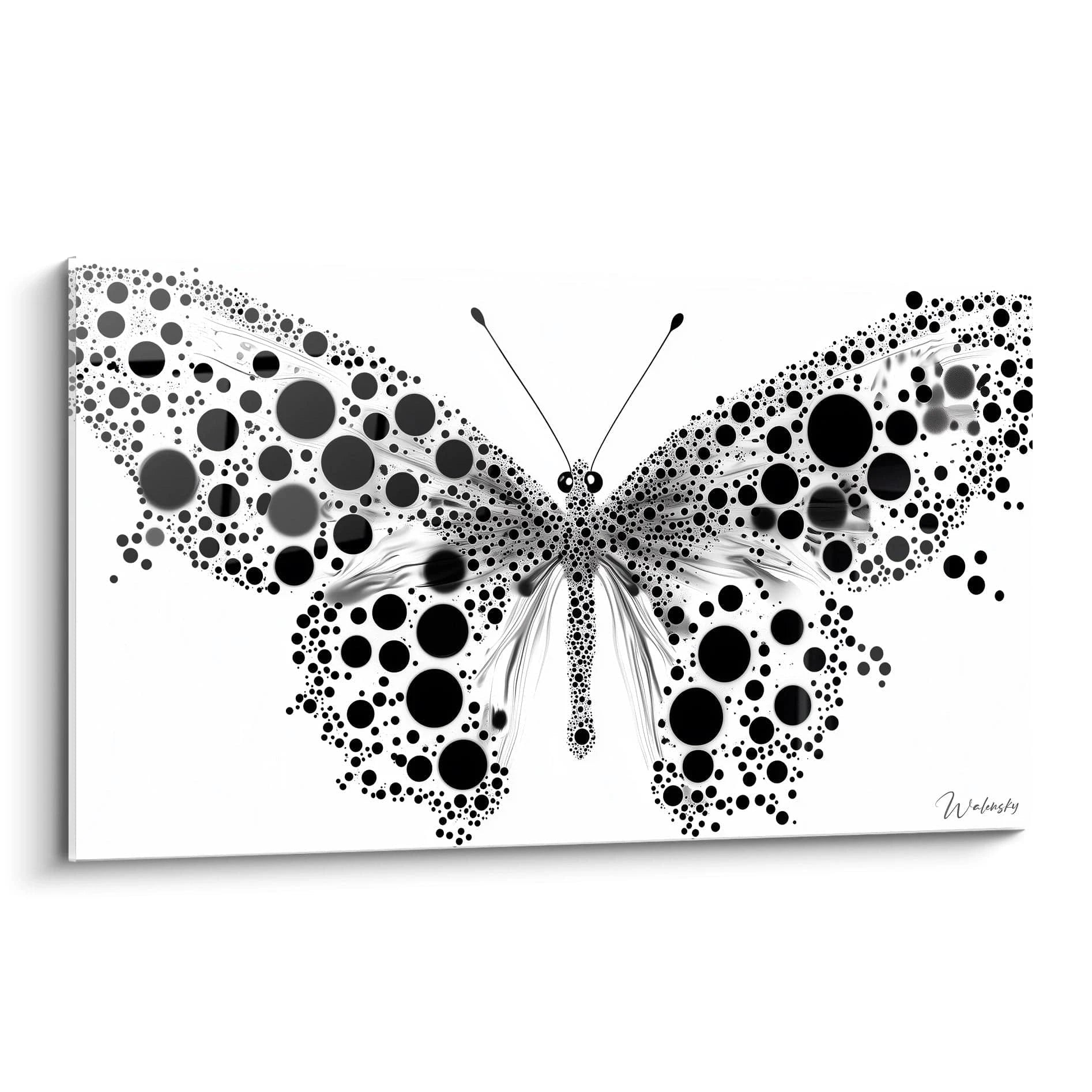 Tableau d'un papillon noir et blanc avec des cercles décoratifs réalisé par Walensky