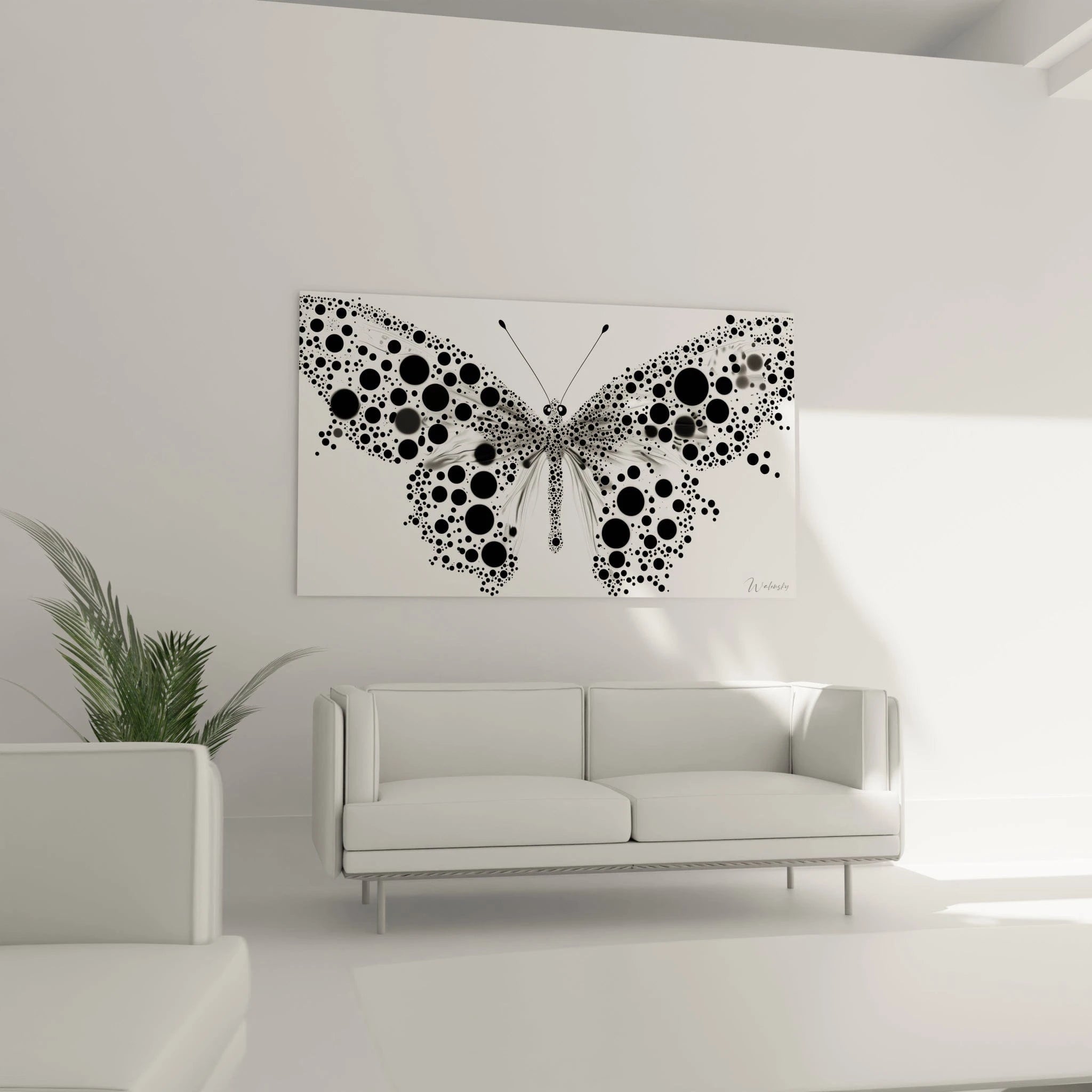 Tableau noir et blanc d'un papillon moderne avec des motifs de cercles, signé Walensky