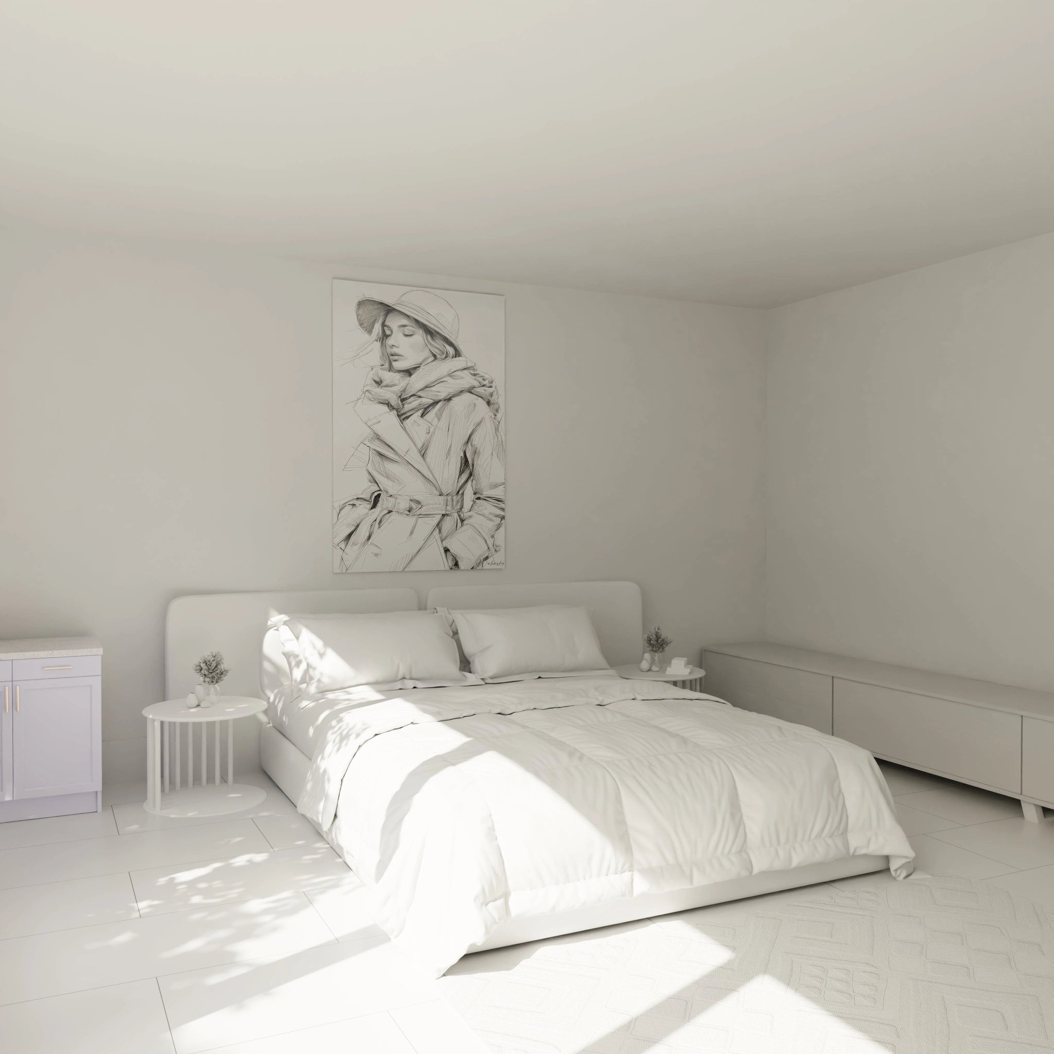 Tableau illustration mode femme dans une chambre lumineuse avec lit blanc et meubles élégants