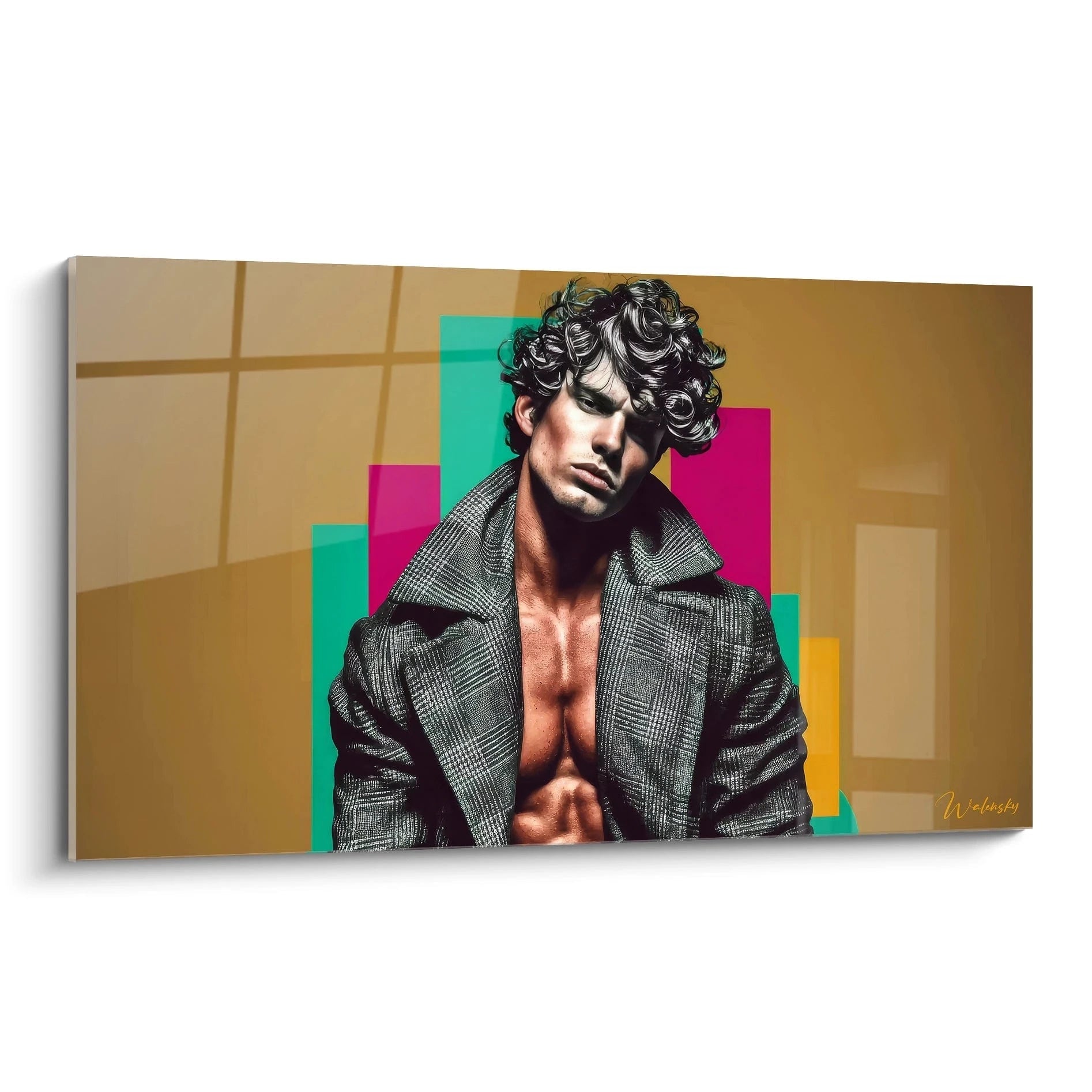 Tableau beauté masculine de Walensky représentant un homme musclé dans une tenue élégante sur fond coloré