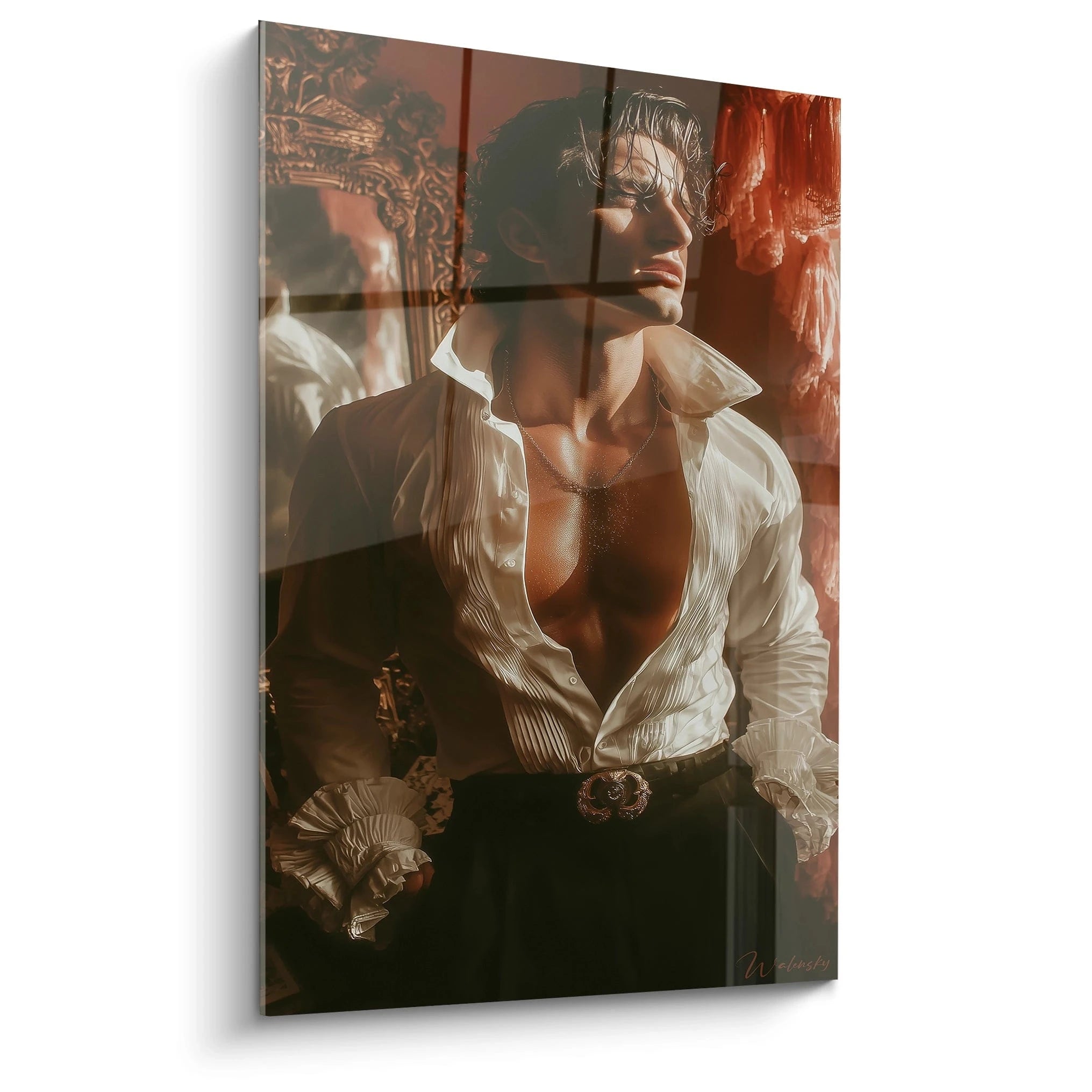 Tableau beauté masculine avec un homme élégant en chemise blanche, admirant son reflet dans un miroir