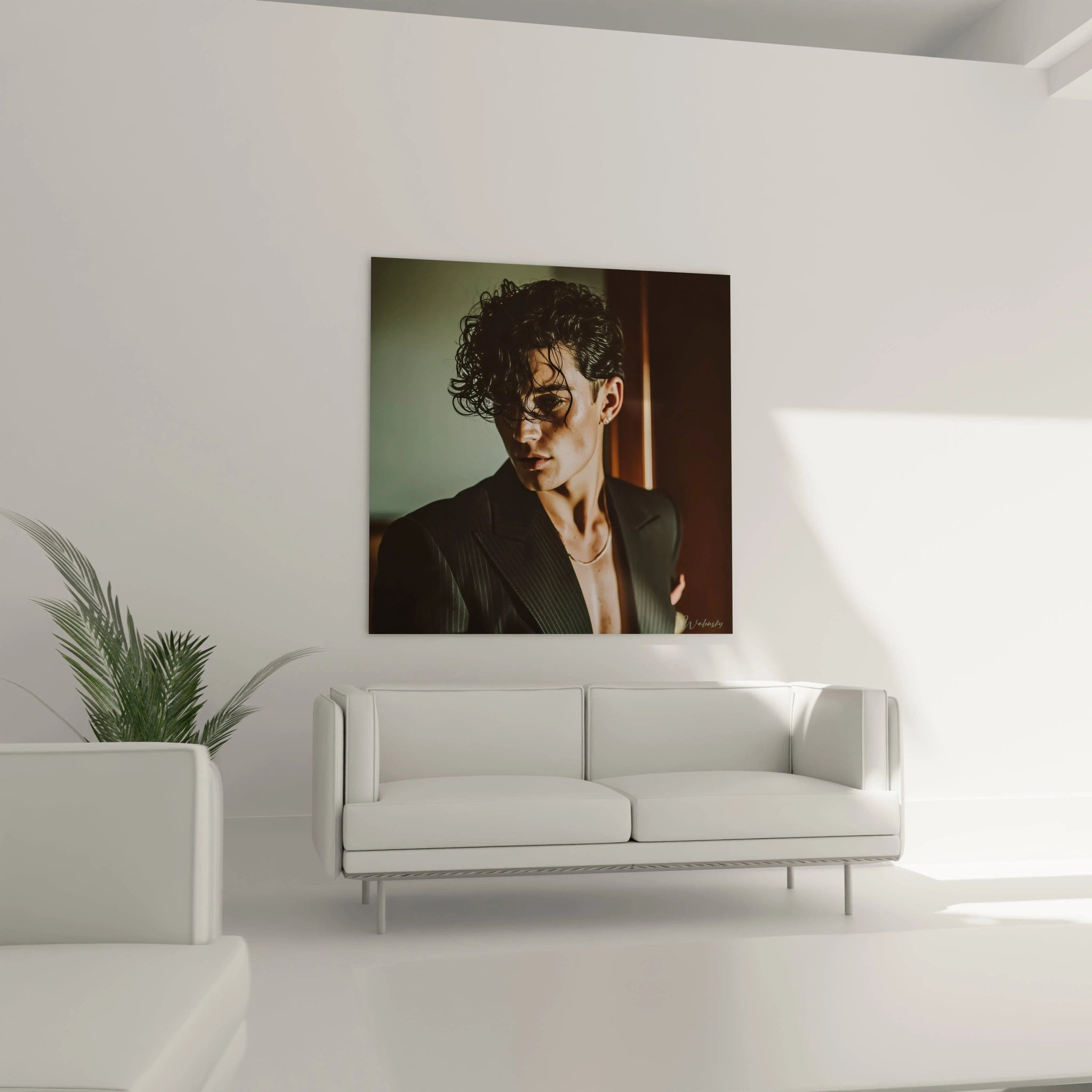 Tableau beauté masculine de Walensky, portrait d'un homme avec une coiffure stylée dans un intérieur moderne