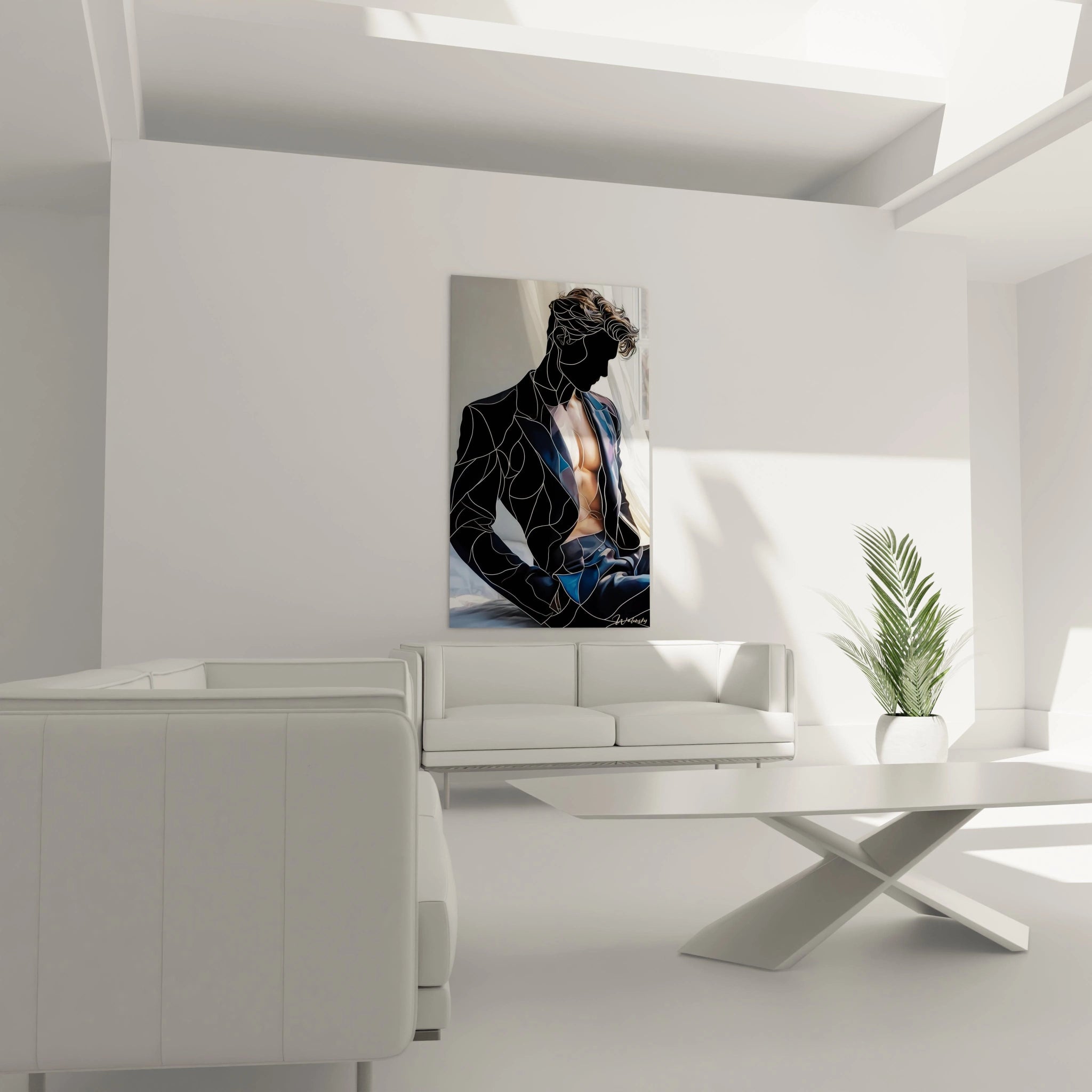 Tableau masculin moderne de Walensky représentant un homme stylisé dans un décor contemporain