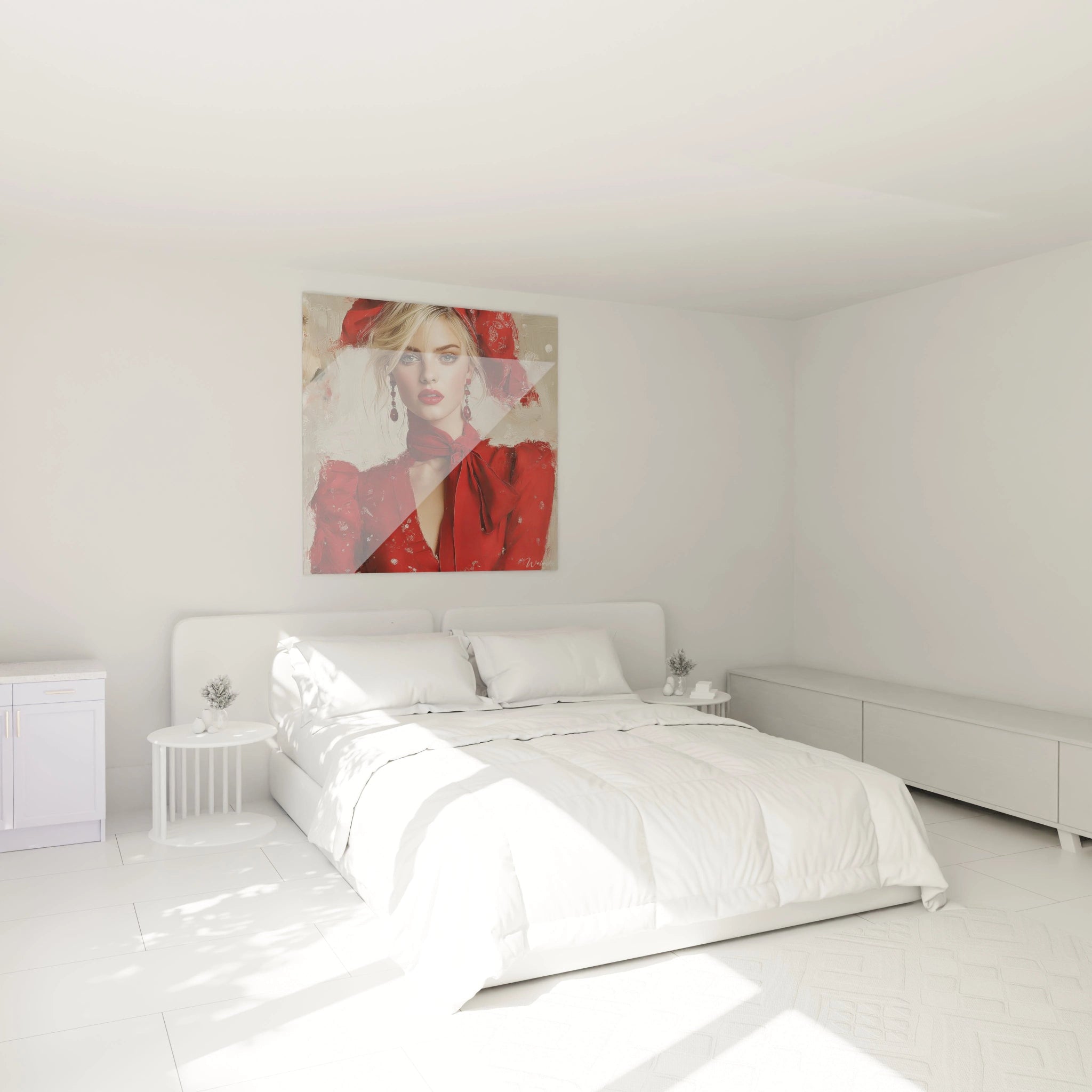 Tableau beauté moderne femme de Walensky décorant un mur au-dessus d'un lit dans une chambre claire