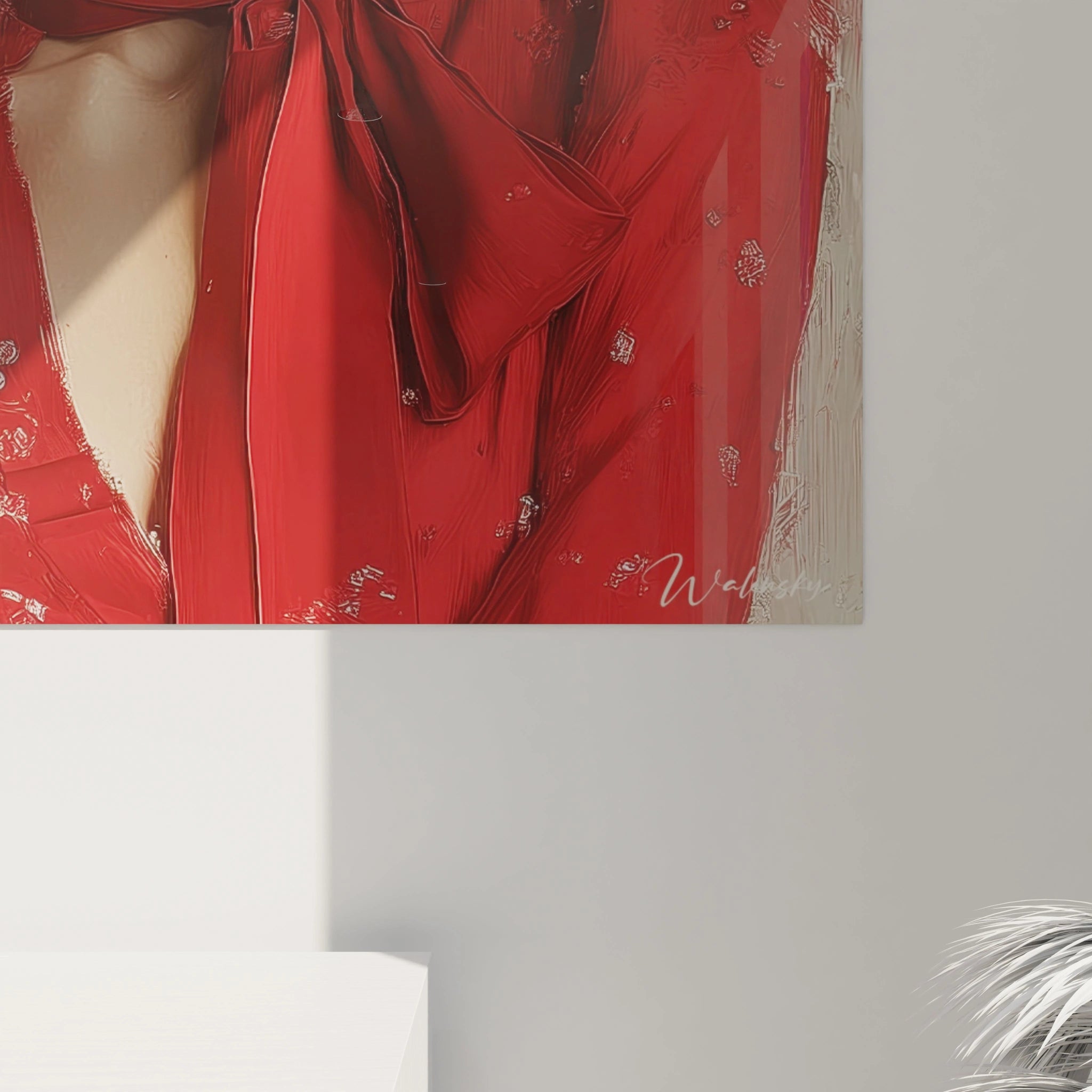 Tableau beauté moderne femme avec un visage en close-up, vêtue d'une blouse rouge élégante