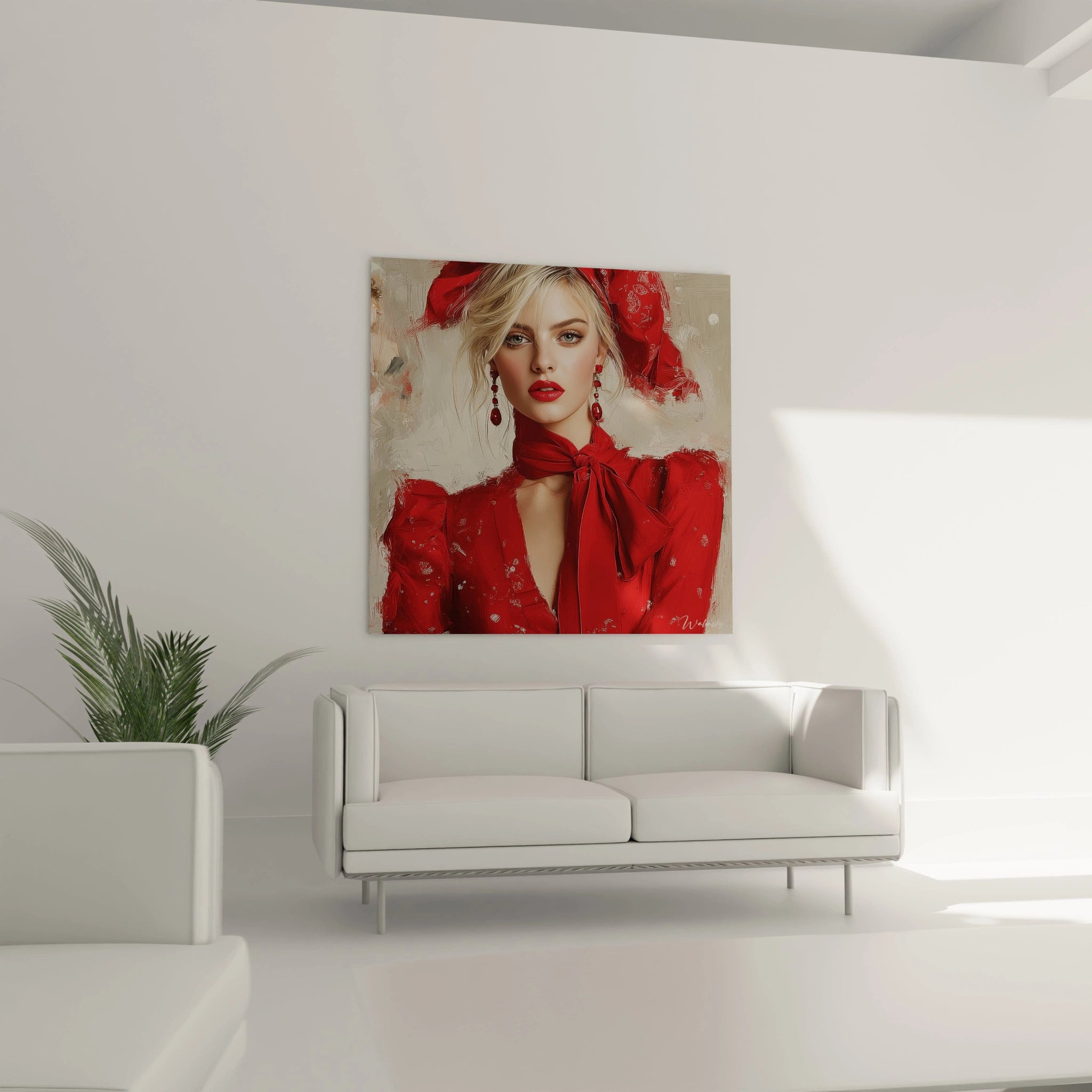 Tableau beauté moderne femme avec une femme en robe rouge et des accessoires élégants sur un mur moderne