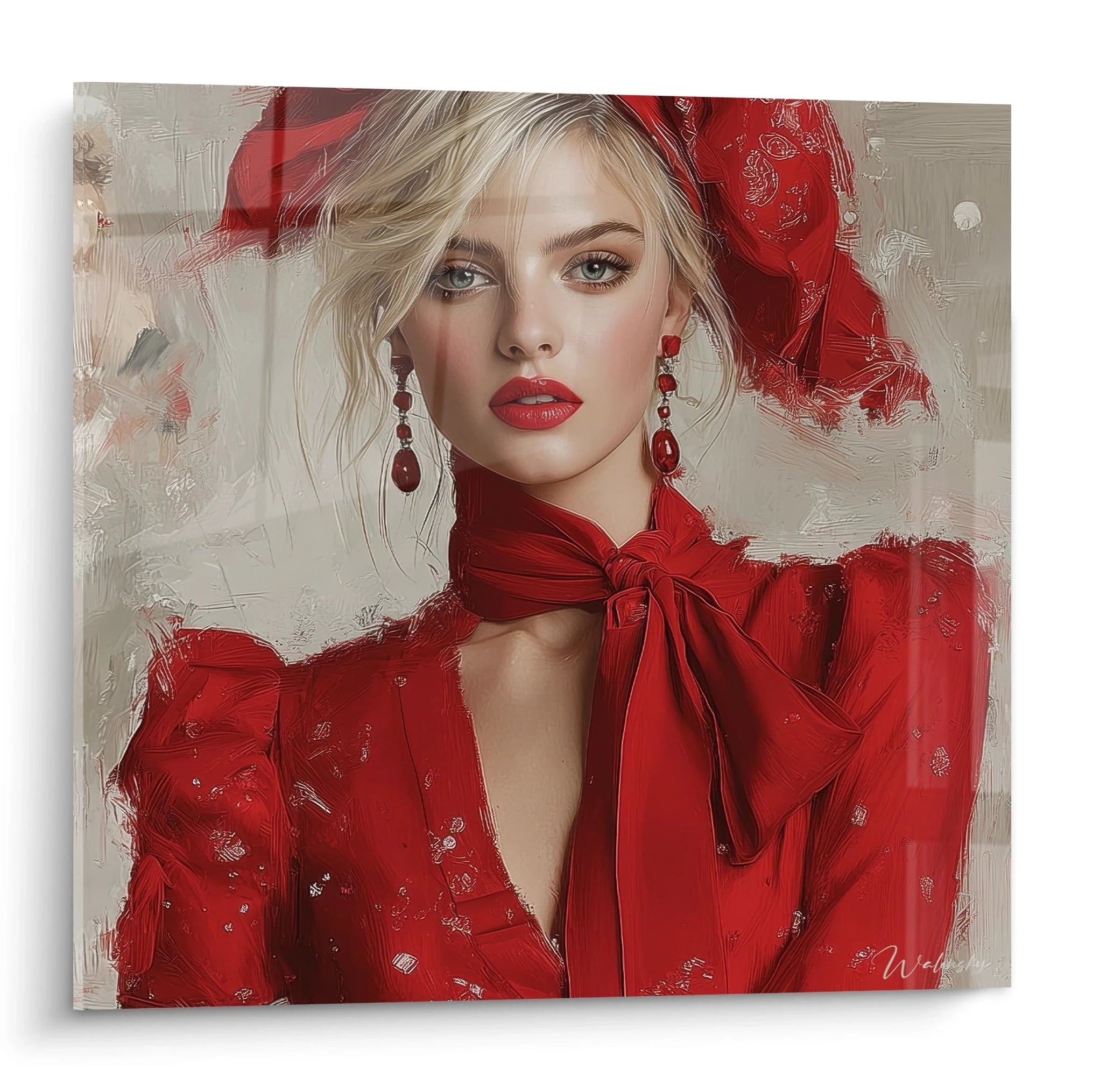 Tableau beauté moderne femme avec une femme aux cheveux blonds portant une robe rouge élégante