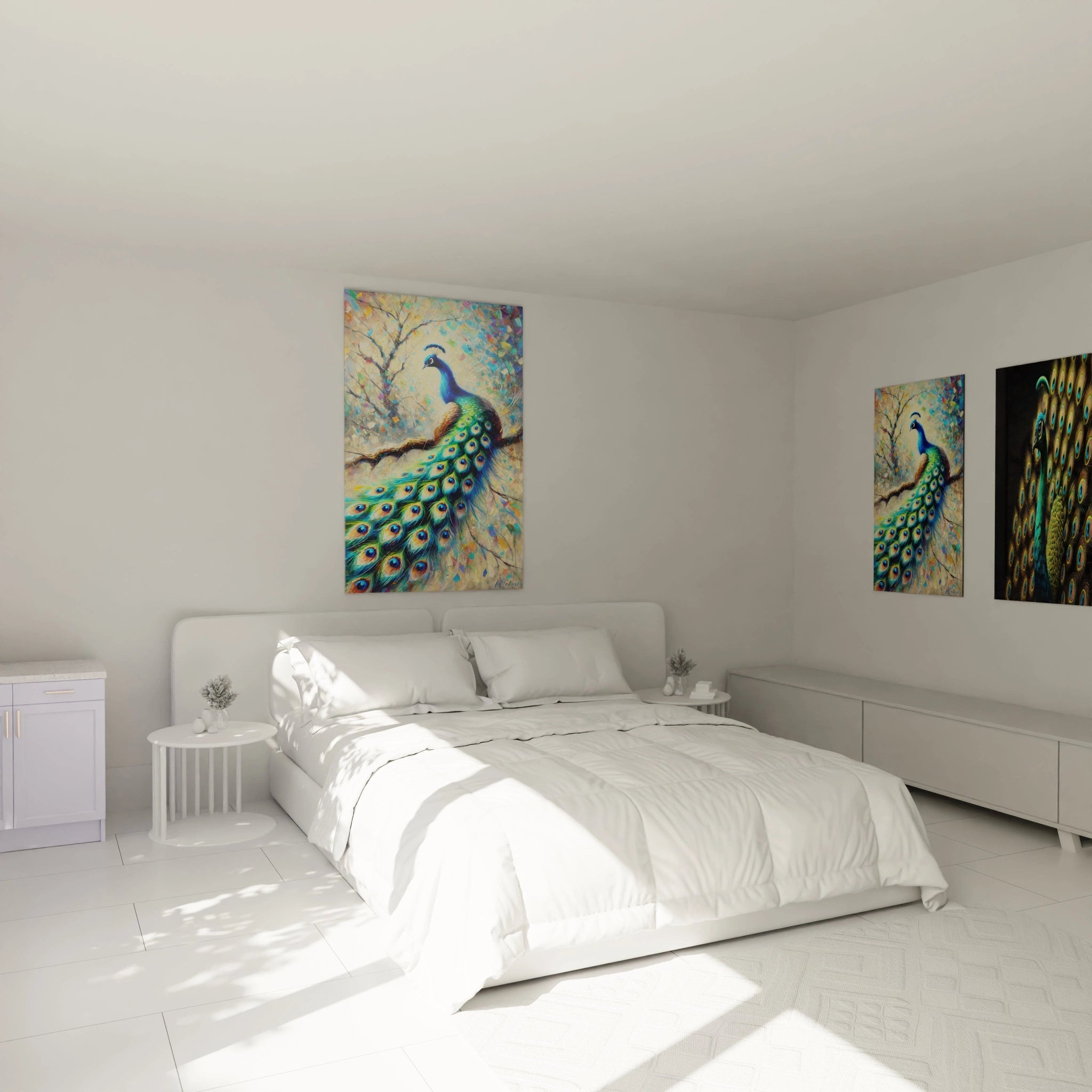 Sublimez votre chambre avec ce tableau paon accroché au mur au-dessus du lit. Ses couleurs vibrantes et son arrière-plan abstrait apportent une touche de nature élégante à une décoration épurée.