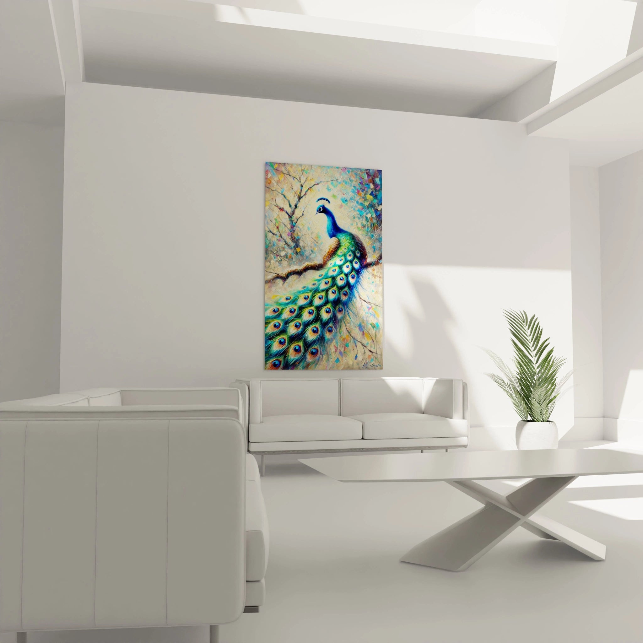 Apportez du caractère à votre salon avec ce tableau paon au-dessus du canapé. Son plumage détaillé et ses couleurs dynamiques s’intègrent parfaitement dans un intérieur contemporain ou éclectique.