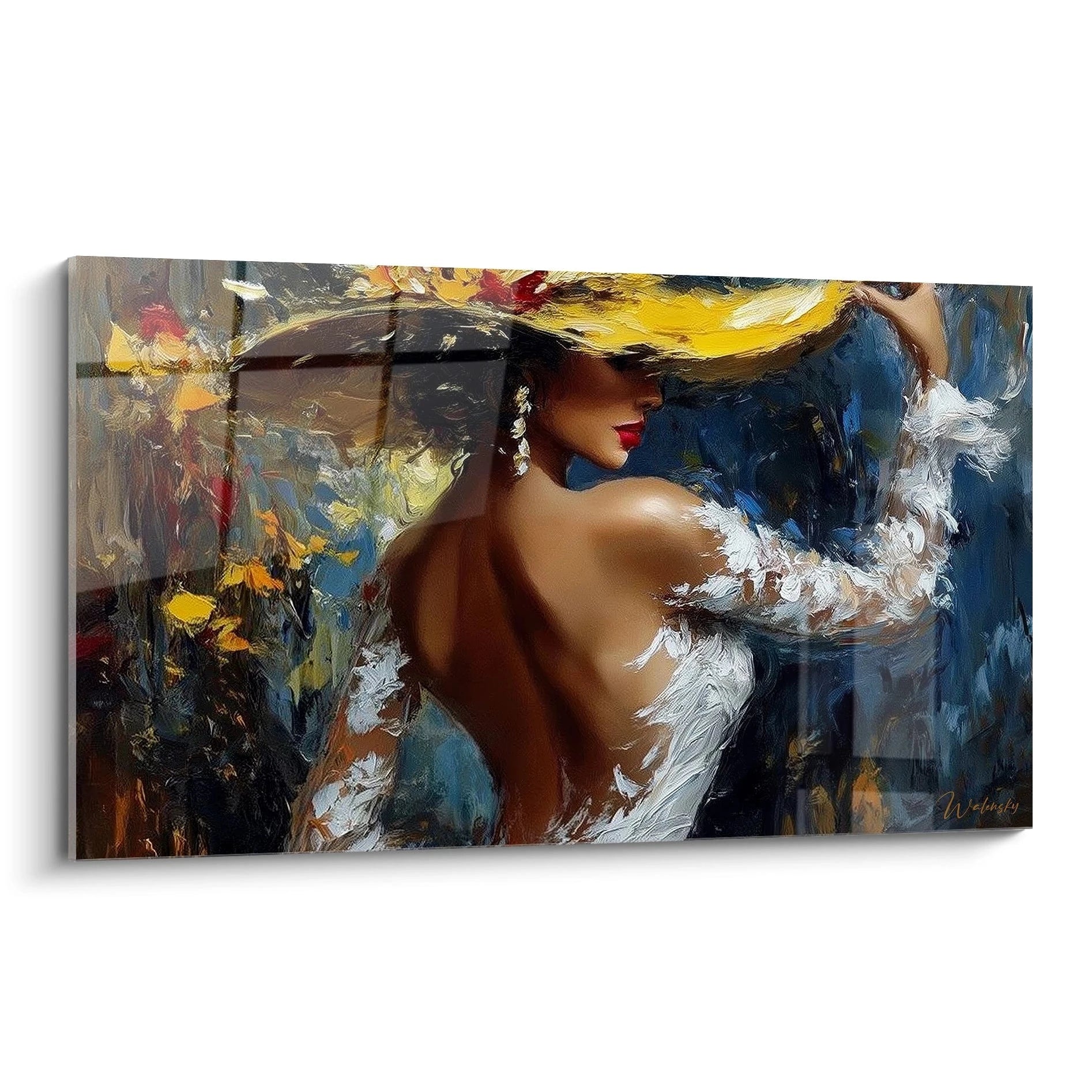 Tableau mural Walensky représentant une femme élégante en arrière-plan coloré avec un grand chapeau