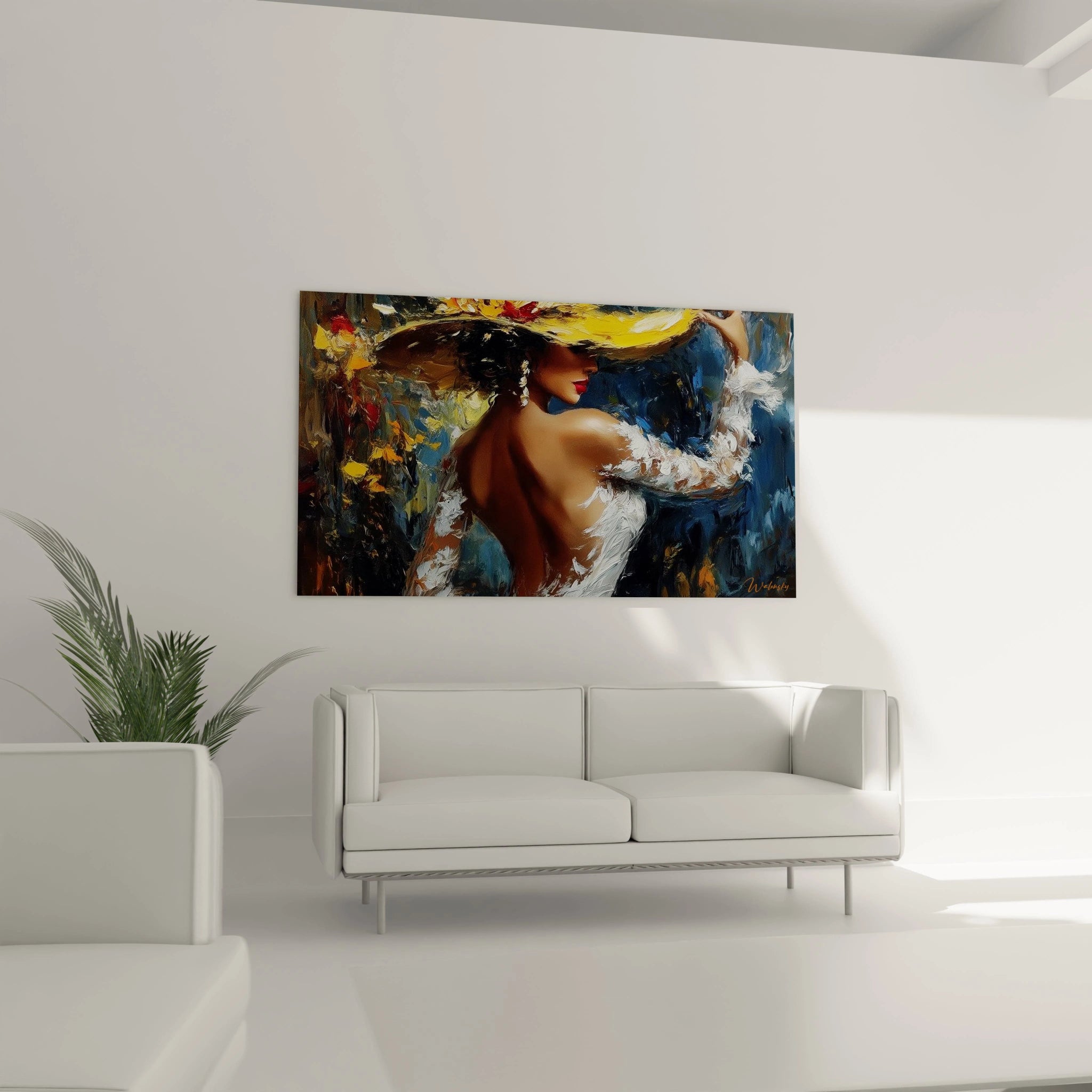 Tableau mural Walensky représentant une femme avec un chapeau large dans un décor coloré