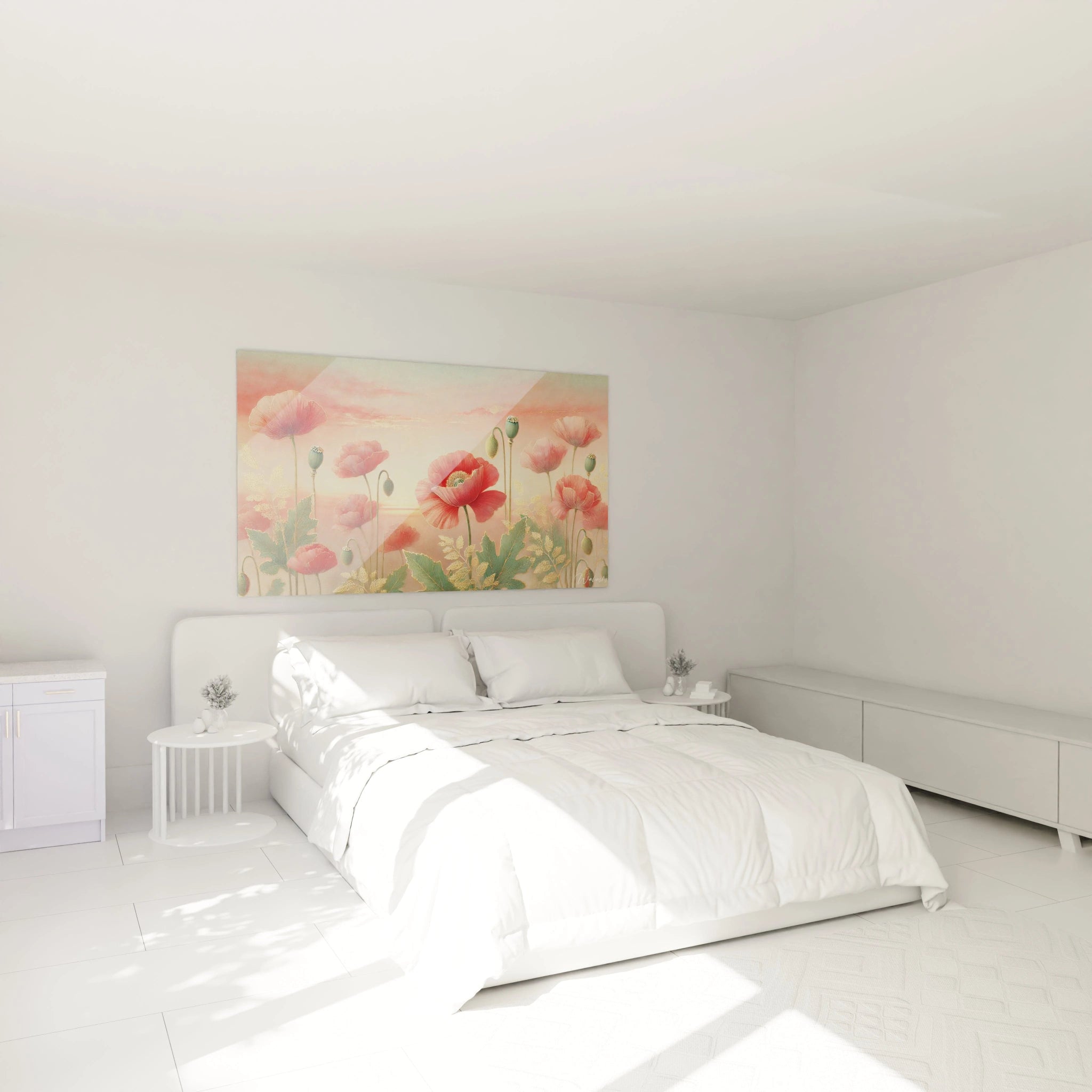 Tableau Champs de Fleurs suspendu au-dessus du lit, créant une ambiance apaisante et lumineuse dans la chambre. Parfait pour une touche de poésie et de nature dans un espace intime