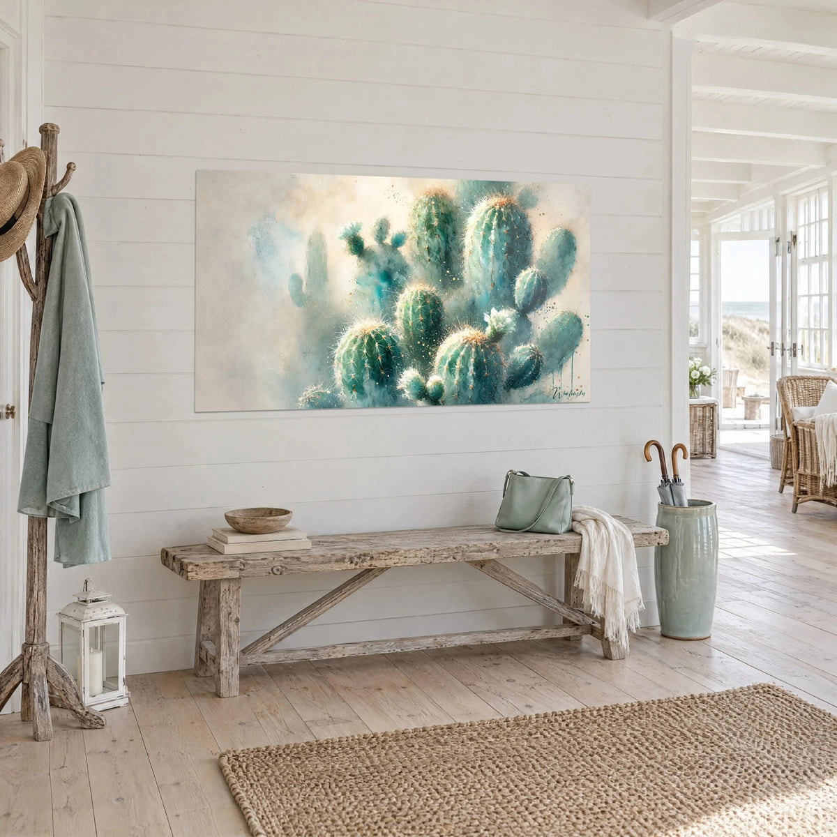 Tableau touffe de cactus ronds aux piquants cuivrés, fond beige brumeux, sur un mur de lattes blanches près d'un banc