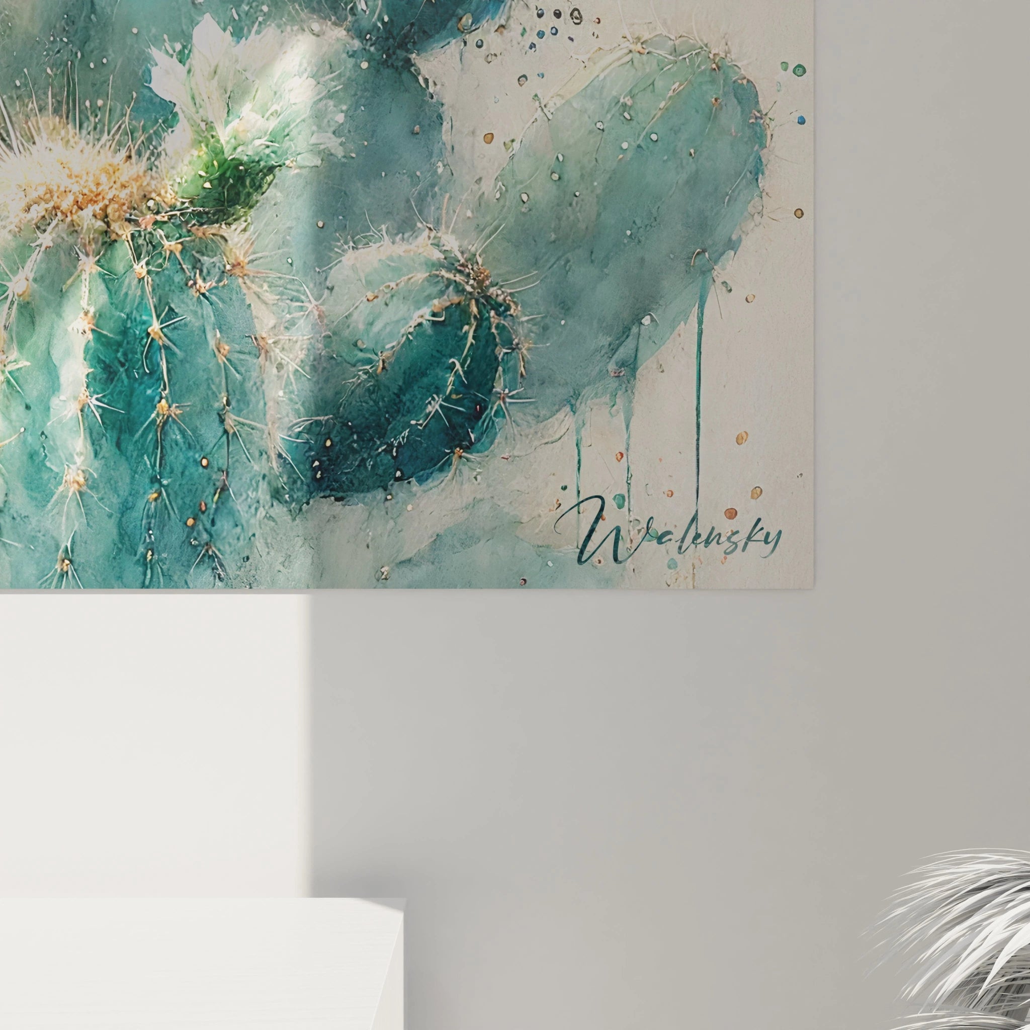 Gros plan sur le Tableau Cactus, révélant textures et éclats dorés. Les teintes subtiles ajoutent une élégance discrète et apaisante, capturant la beauté cachée de la nature dans votre intérieur.