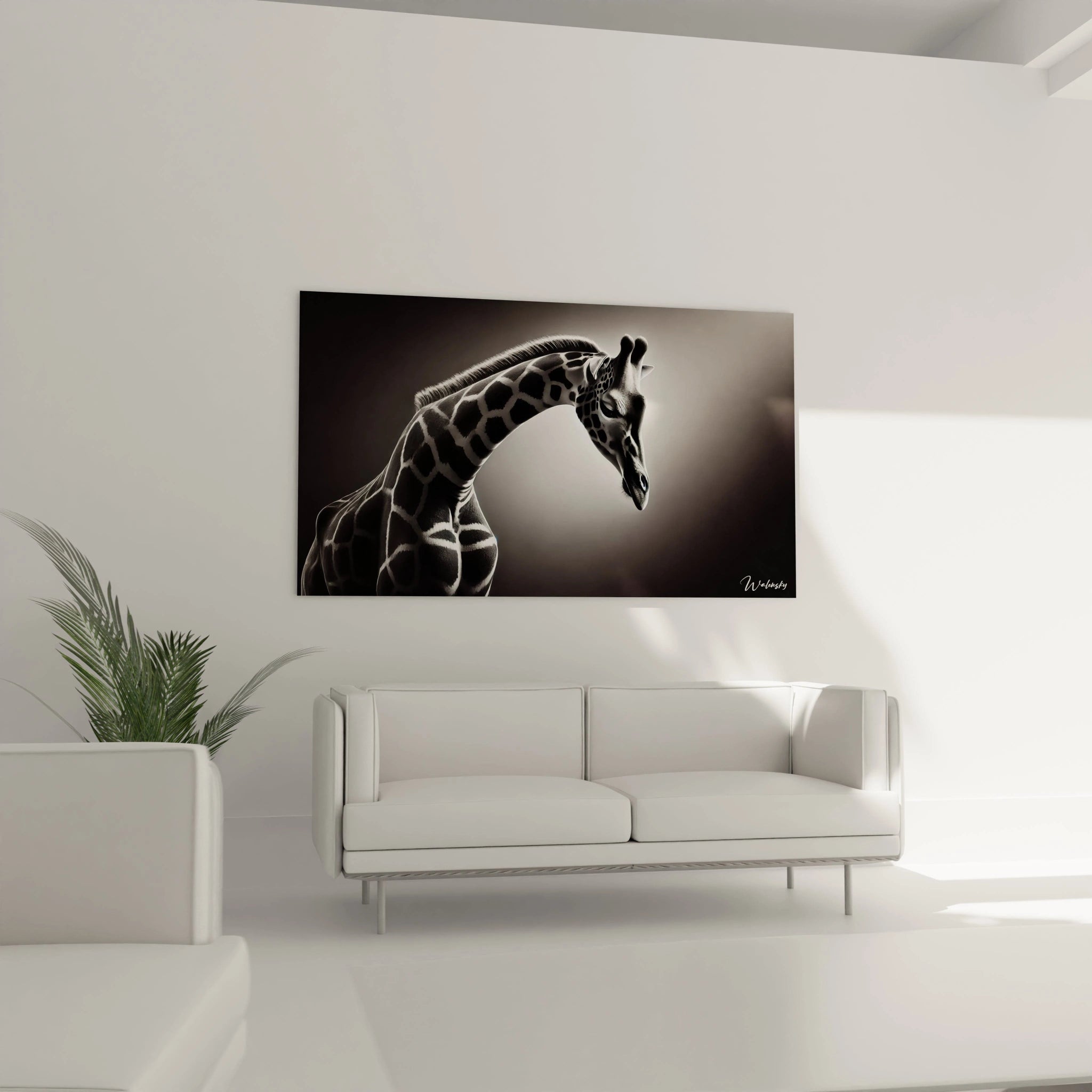 Installé au-dessus du canapé dans ce salon, le tableau girafe crée un point focal raffiné. Ses couleurs neutres et son esthétique contemporaine ajoutent une ambiance apaisante à l’espace.