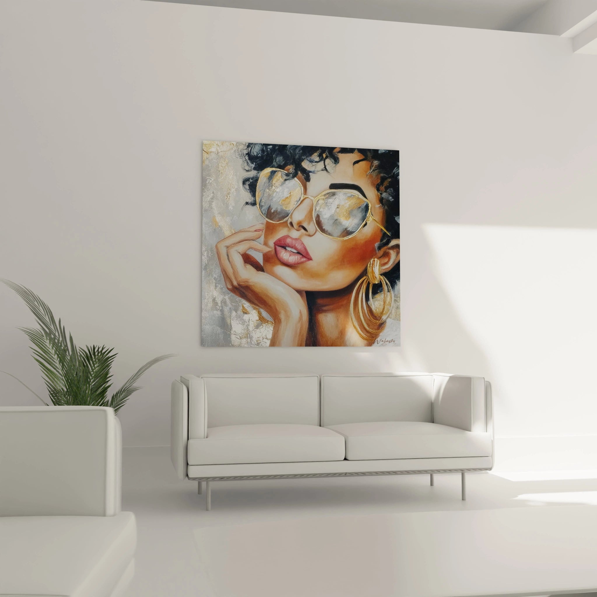 Tableau mural femme chic avec un portrait élégant et moderne d'une femme portant des lunettes de soleil