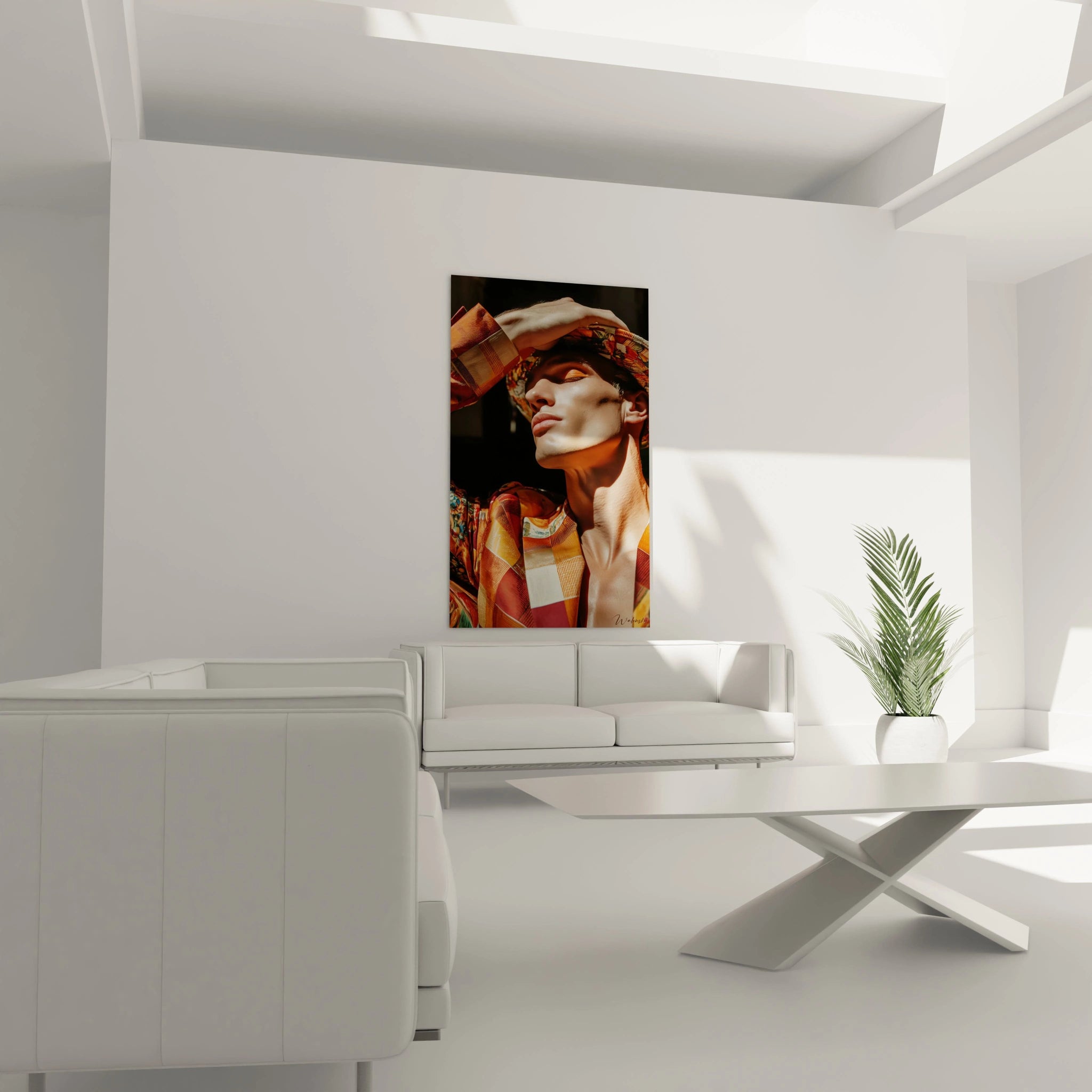 Tableau beauté masculine de Walensky représentant un modèle avec un chapeau dans un intérieur moderne